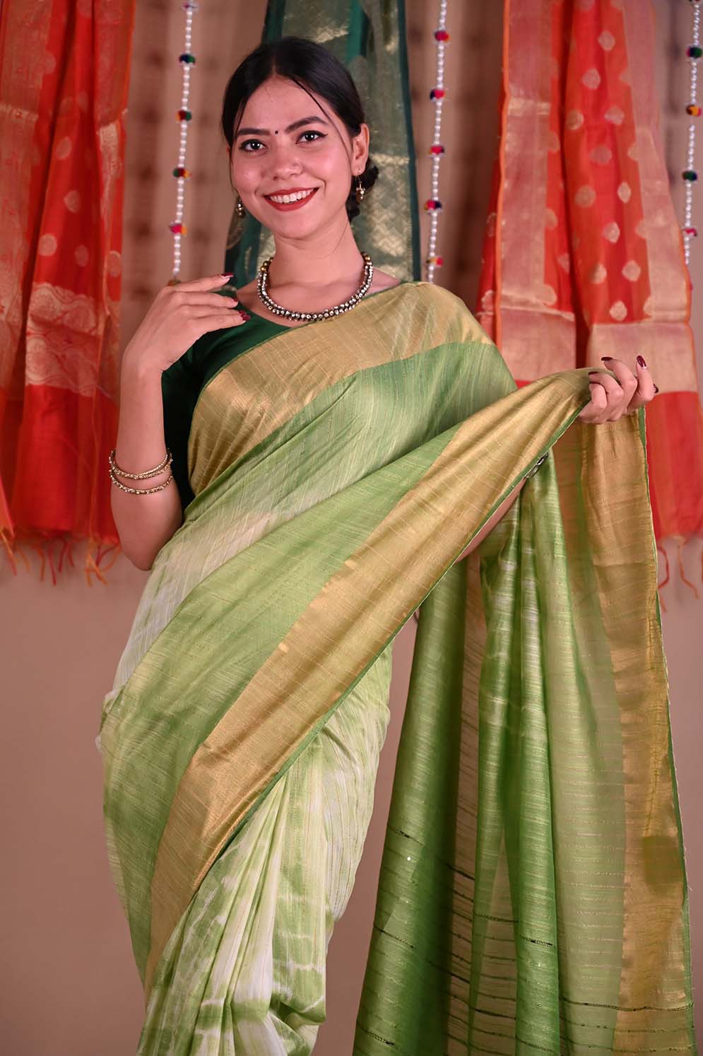 Beautiful Shibori Premium Bhagalpuri Cotton Silk with woven Zari and sequins With Ornate pallu Wrap in 1 minute saree - Image 7