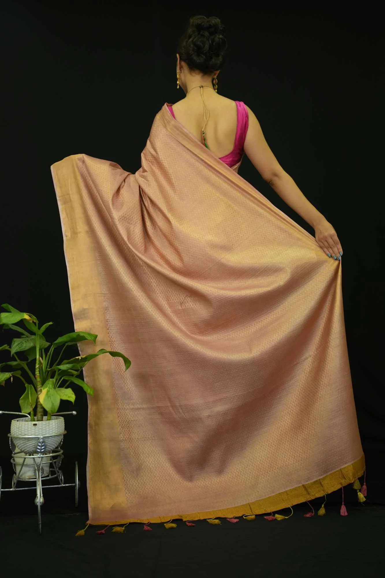 Beautiful Soft katan With OVerall Zari Woven & Tassels On Palla Ready To Wear Saree - Image 4