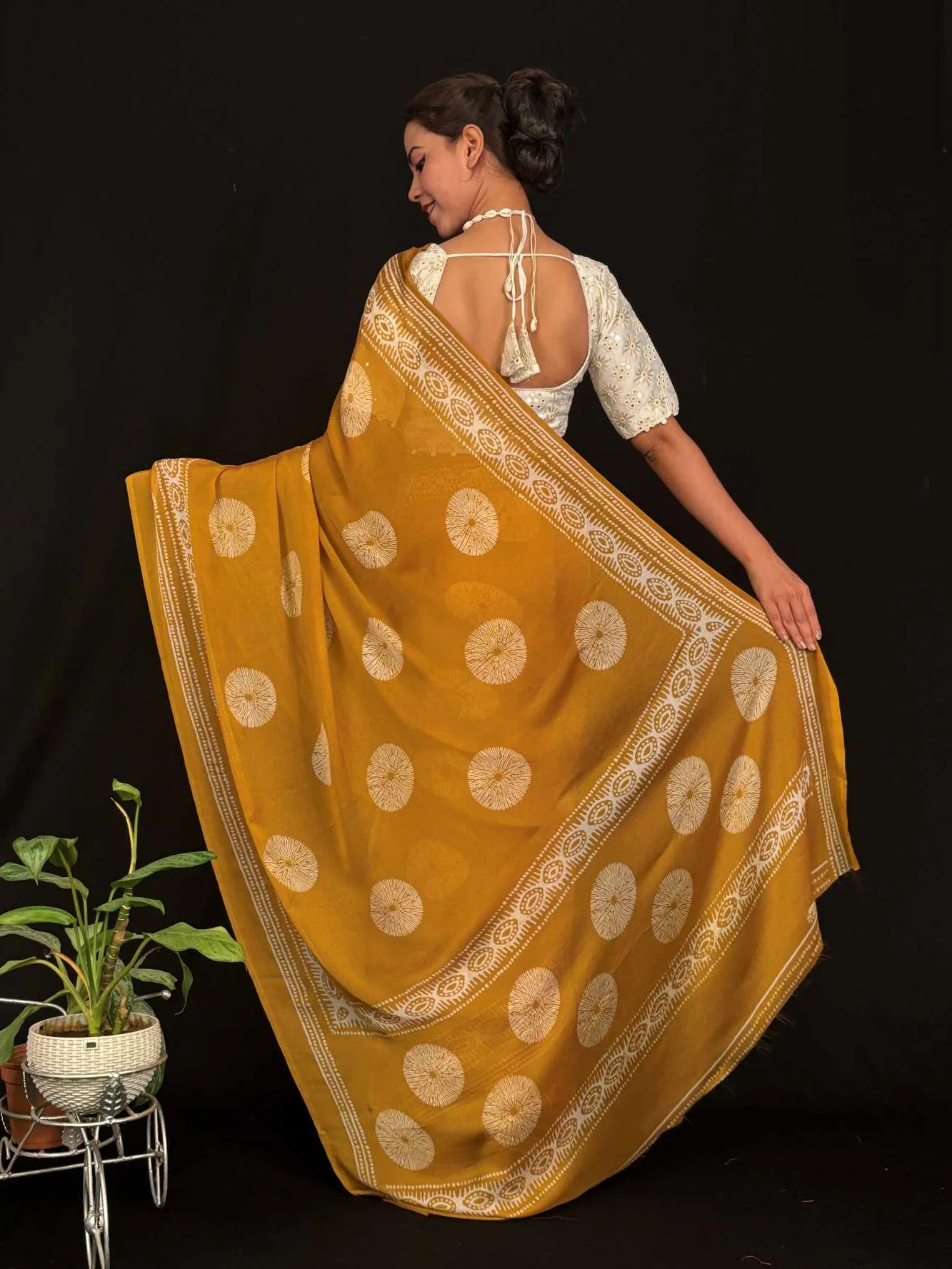 Beautiful Soft Moss Chiffon WIth Block Print overall Ready To Wear Saree - Image 4