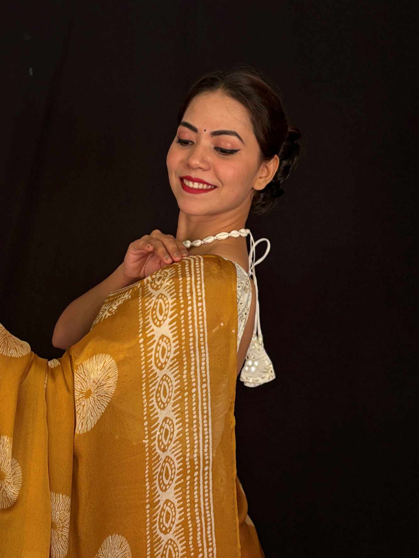 Beautiful Soft Moss Chiffon WIth Block Print overall Ready To Wear Saree - Image 6