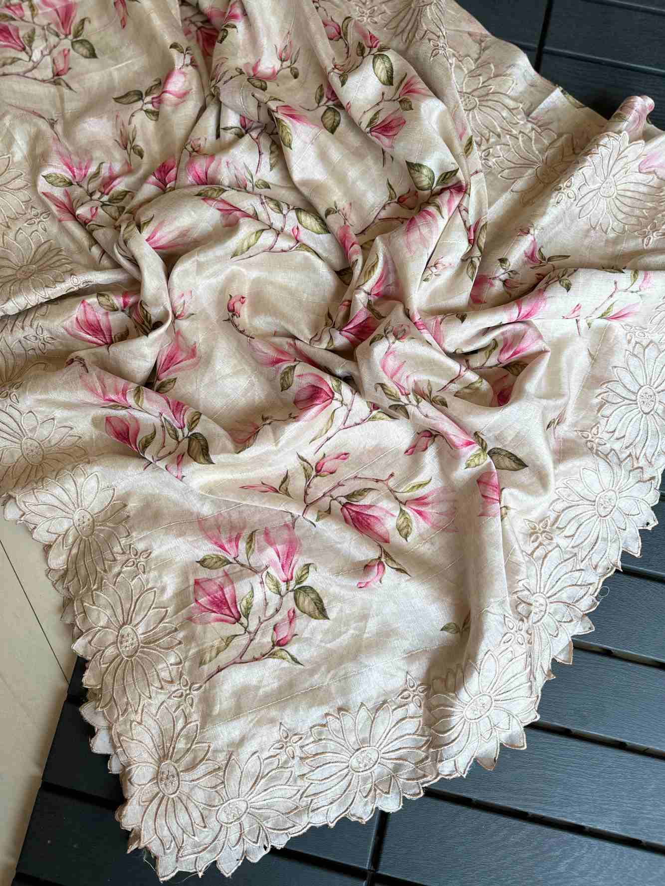 Beautiful Tussar with Cutwork  Embroidered Border And Floral Printed Wrap in 1 minute saree - Image 7
