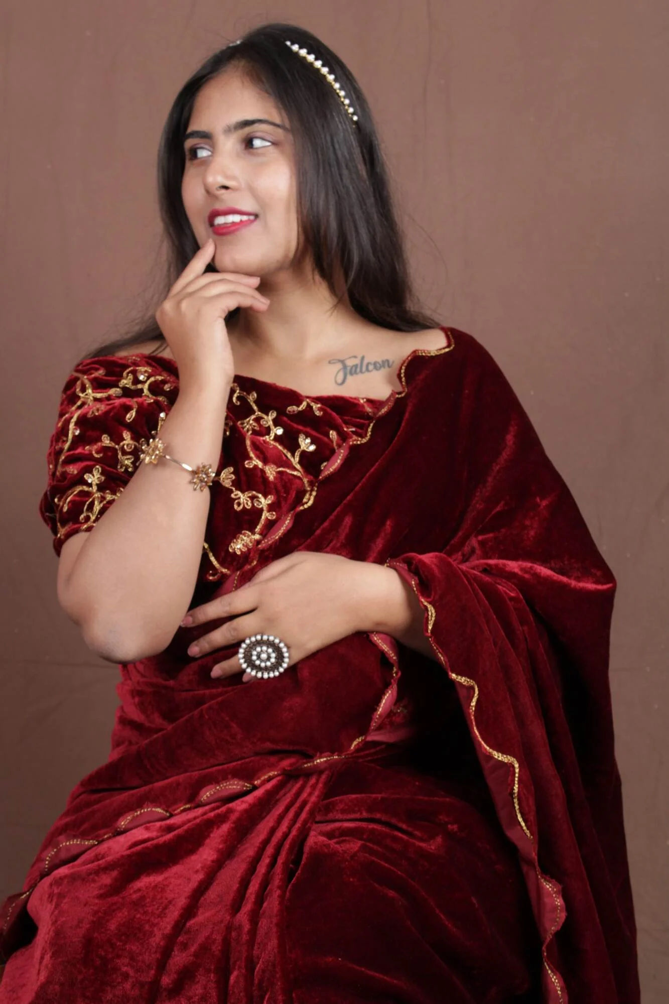 Beautiful Velvet Maroon solid saree with embroidered border wrap in 1 minute saree - Image 5