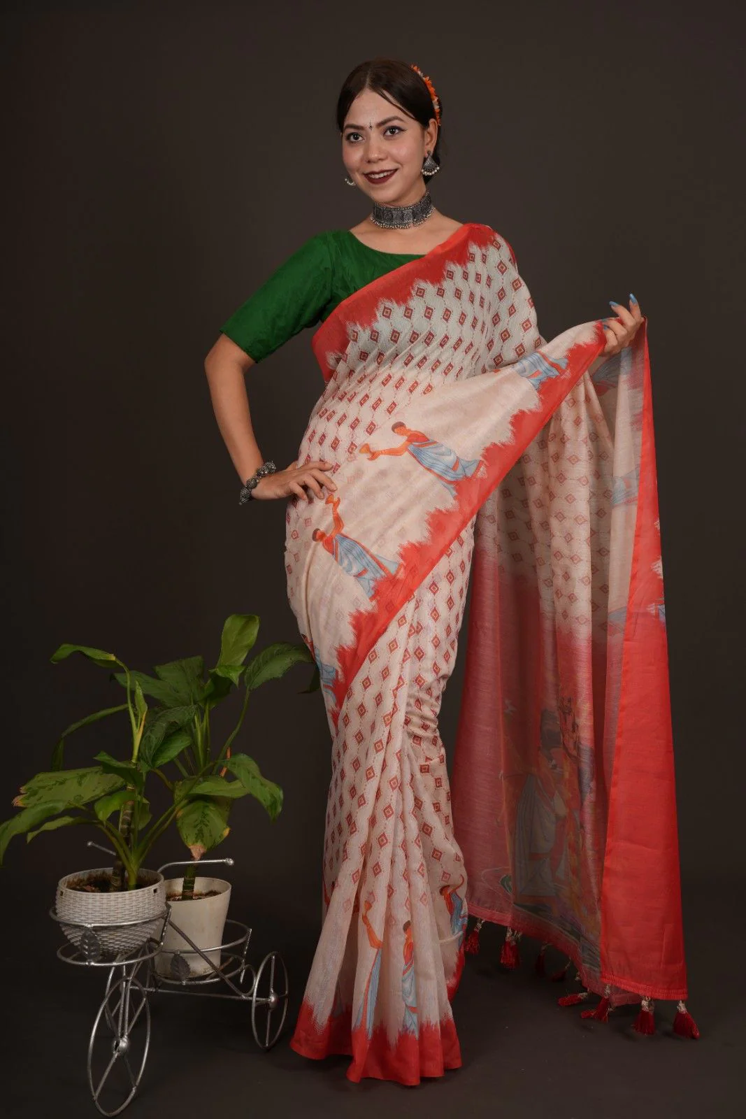 Beautiful White Printed With  Orange Temple Border & Overall Picture Embroidery Wrap in 1 minute saree - Image 14