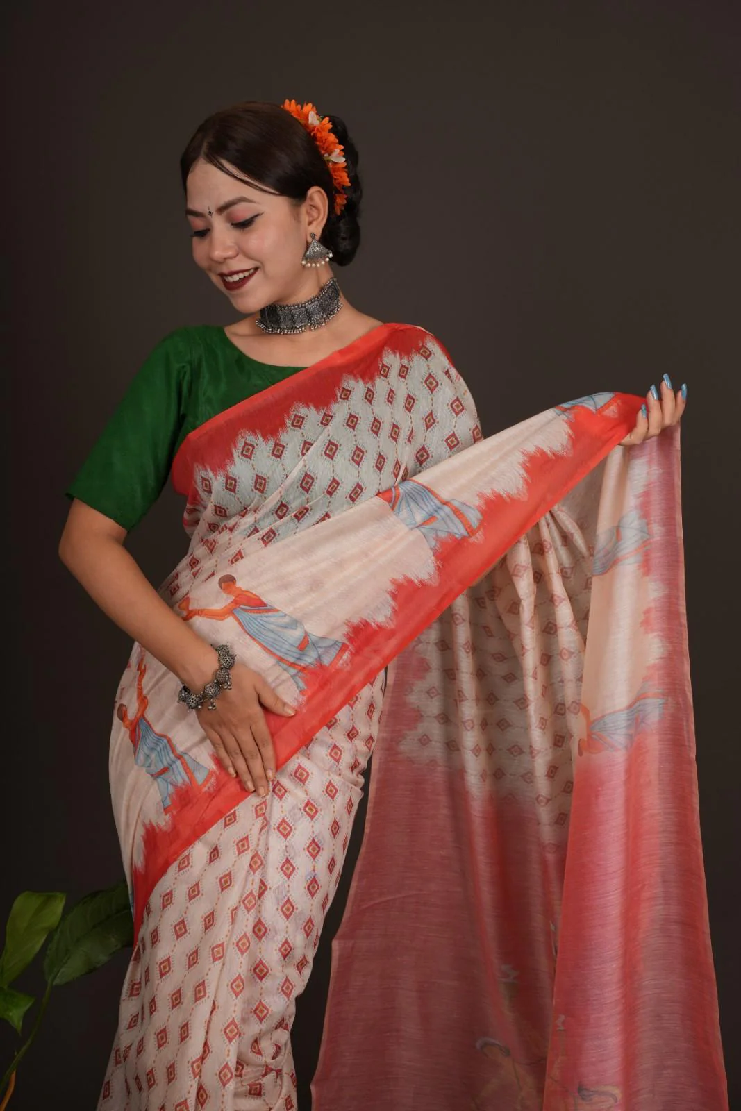 Beautiful White Printed With  Orange Temple Border & Overall Picture Embroidery Wrap in 1 minute saree - Image 18