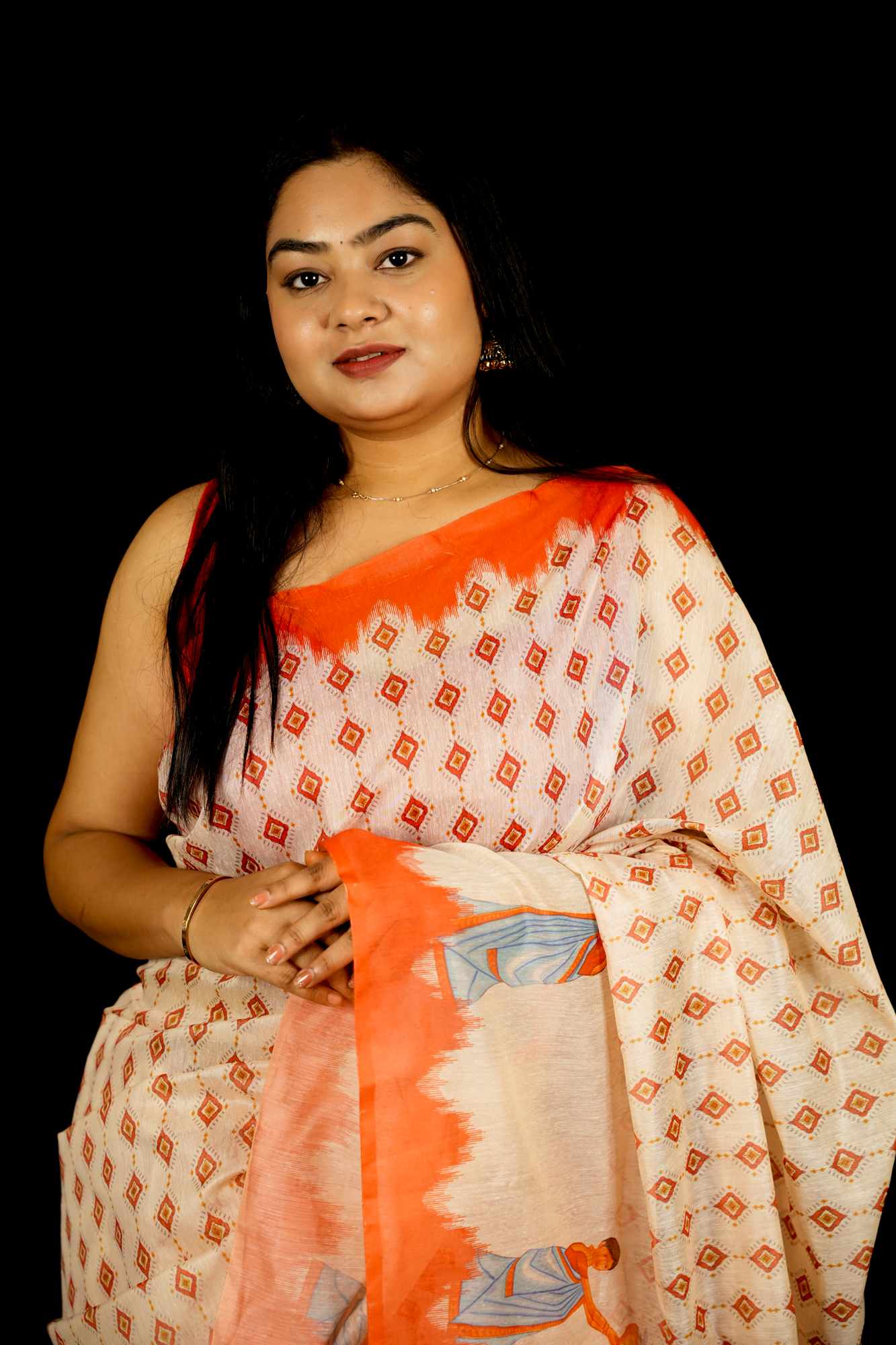 Beautiful White Printed With  Orange Temple Border & Overall Picture Embroidery Wrap in 1 minute saree - Image 7