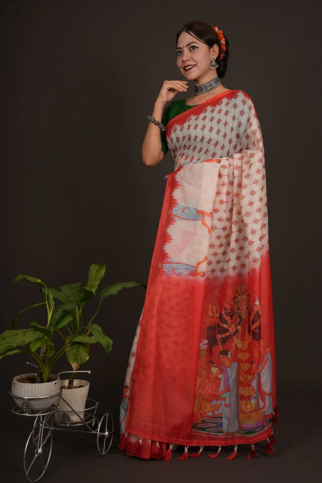 Beautiful White Printed With  Orange Temple Border & Overall Picture Embroidery Wrap in 1 minute saree - Image 9