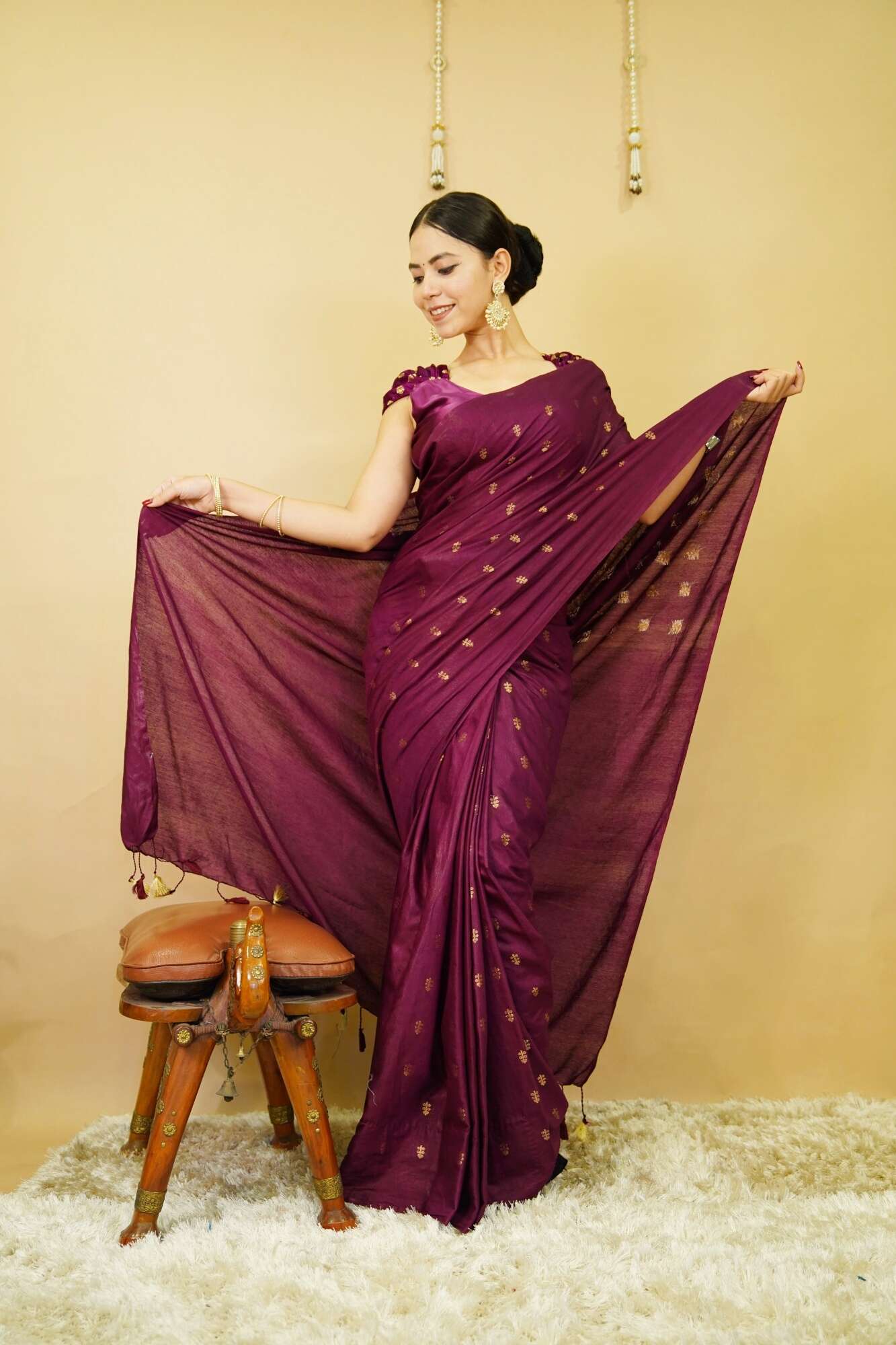 Beautiful  Wine Kota Semi Silk Hand Woven With Zari Buti & Tassel on Pallu  Wrap In One Minute Saree - Image 4