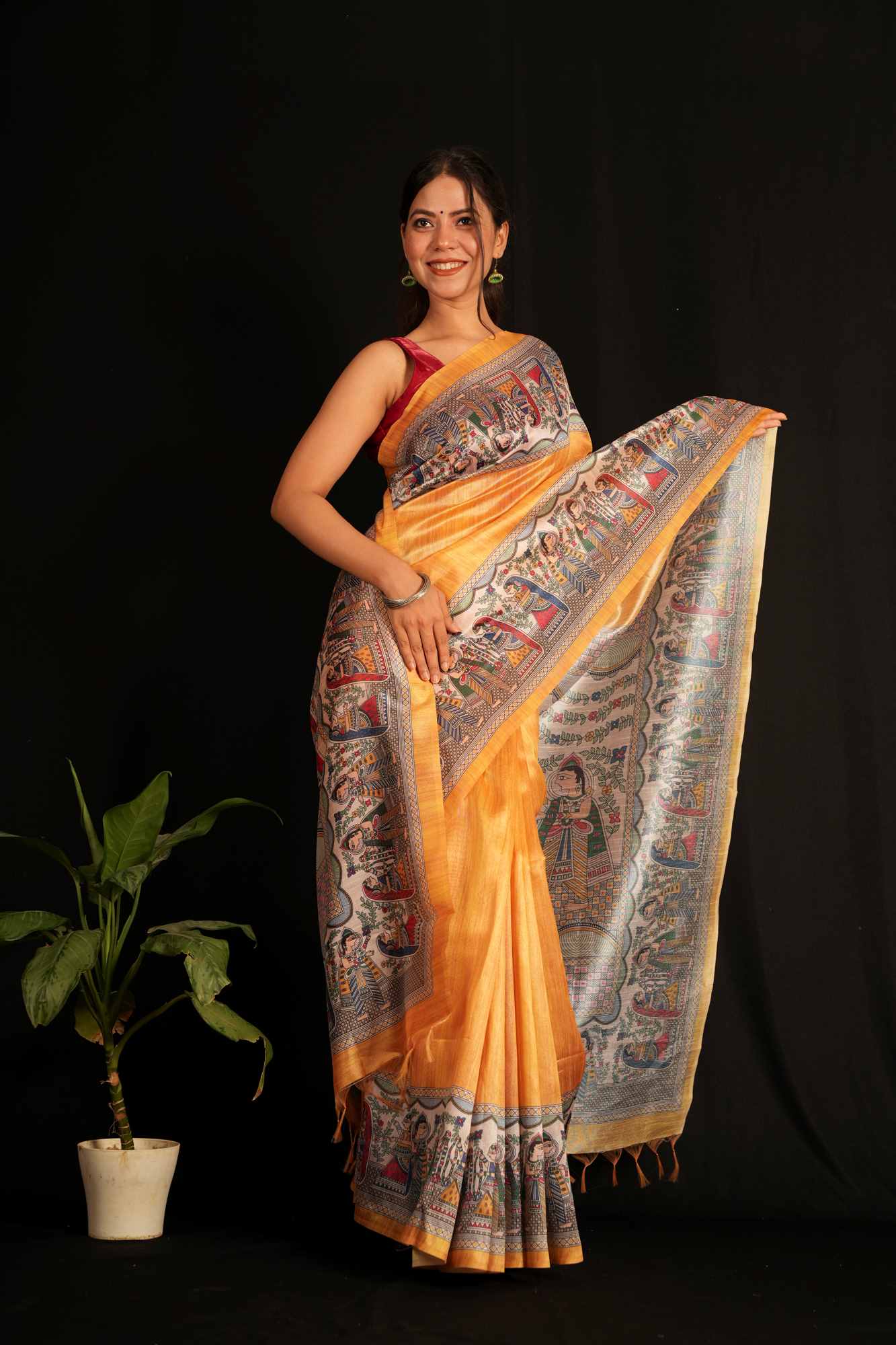 Beautiful Yellow Semi Ghicha Tussar Silk Saree with Madhubani Print Wrap in 1 Minute Saree - Image 5