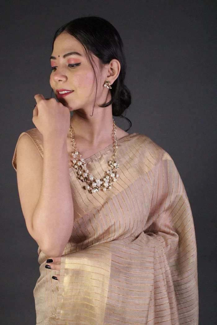 Beige Classy and Sedate Bhagalpuri Cotton Silk with woven zari and sequin work all over Wrap in 1 minute saree - Image 5