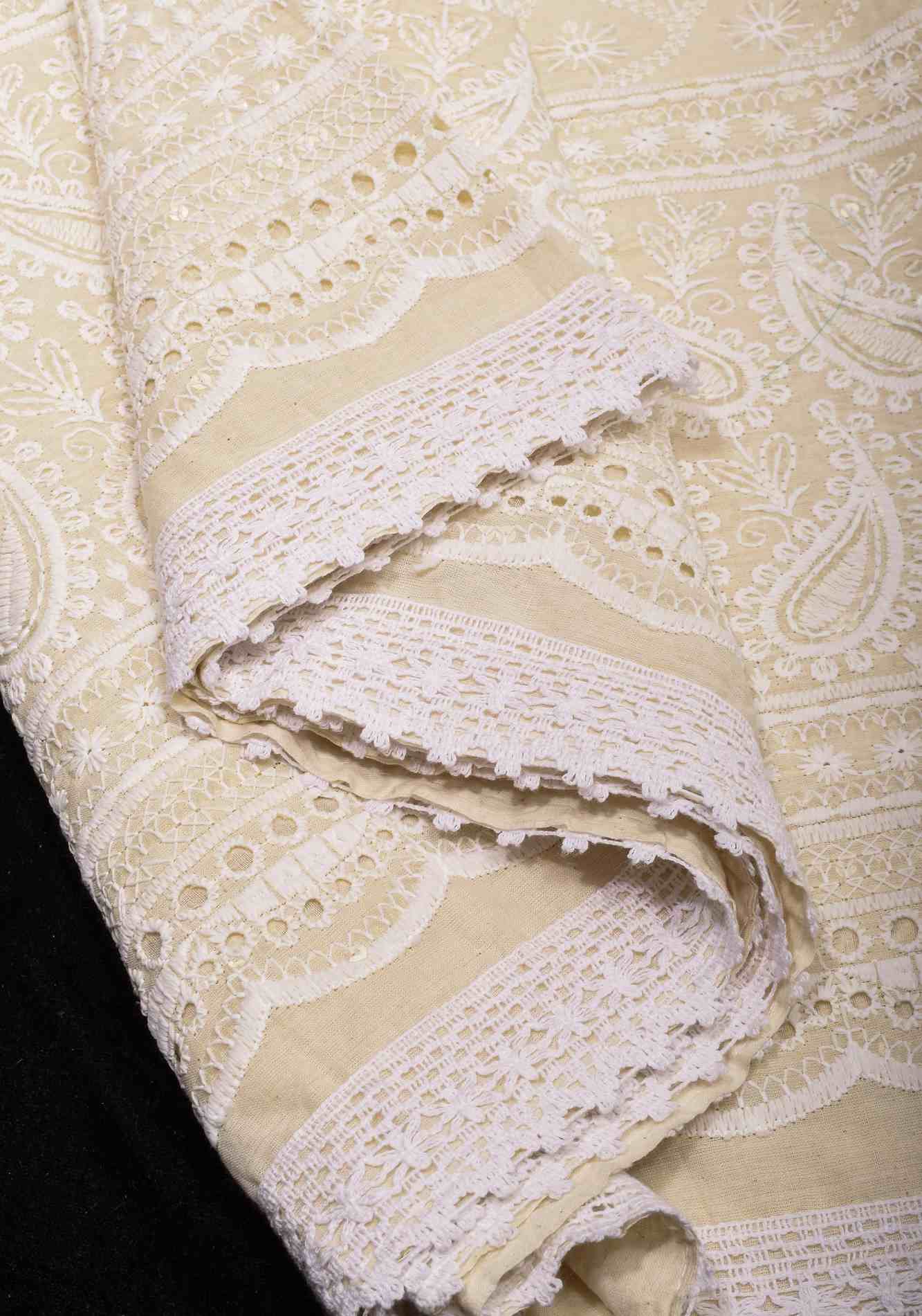 Beige Cotton Saree with Embroidery and lace Border Wrap in 1 minute saree - Image 5