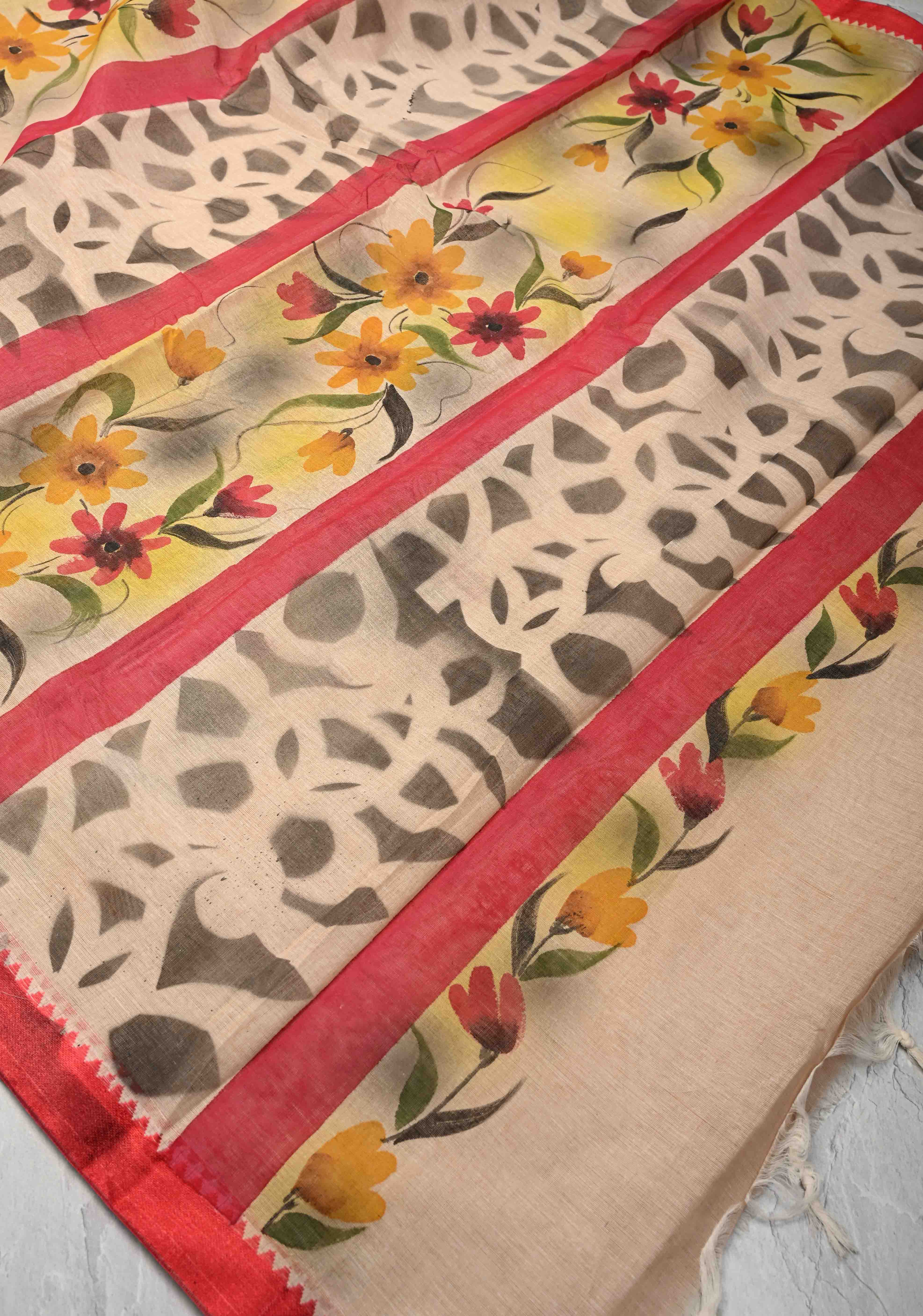 Beige Cotton Saree with Floral Handpainting and Minimal Borders , No Blouse Piece | Shobitam - Image 8