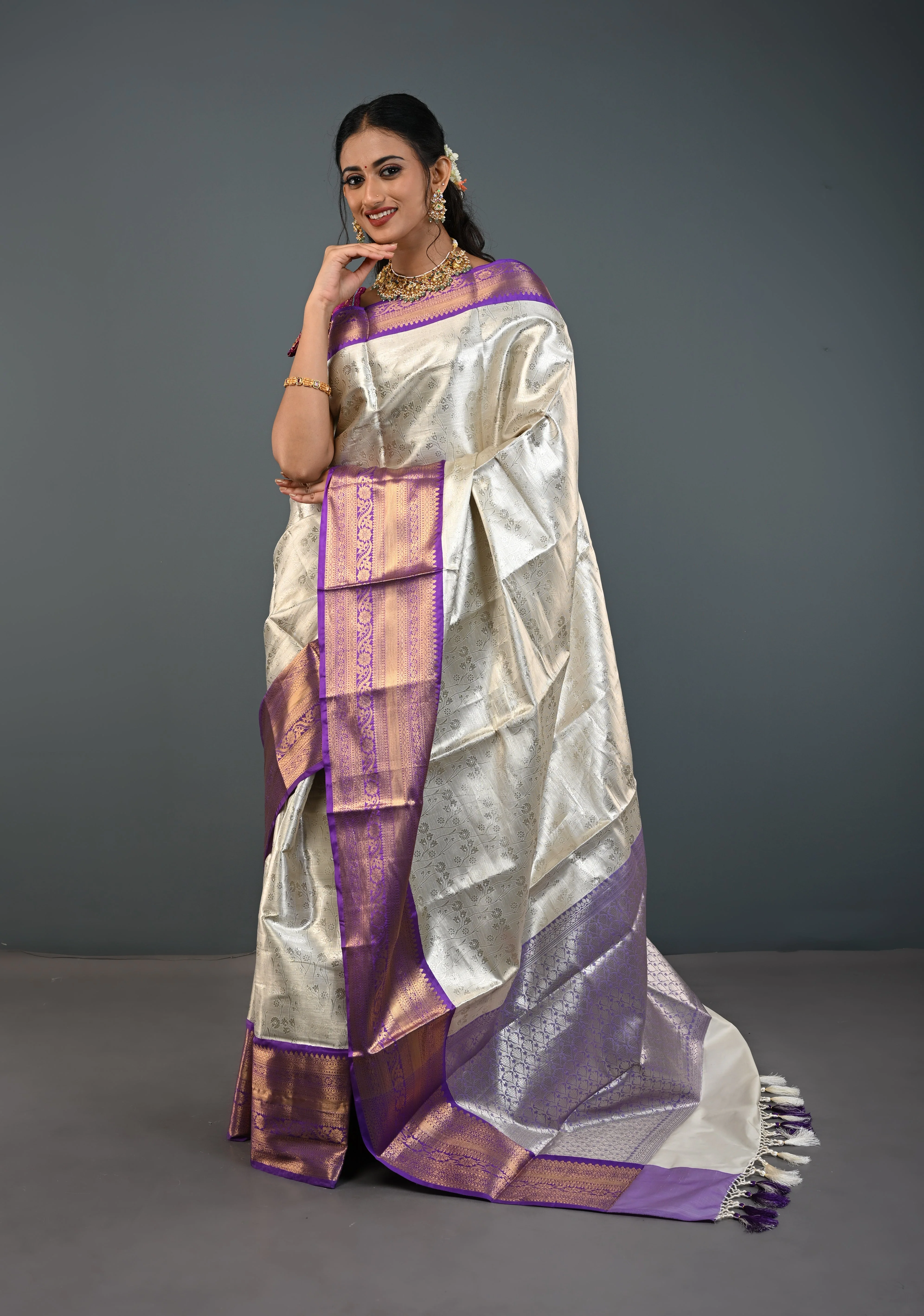 Ivory Kanjivaram Tissue Semi Silk Saree with Floral Jaal and Contrast Zari Border | Shobitam - Image 9