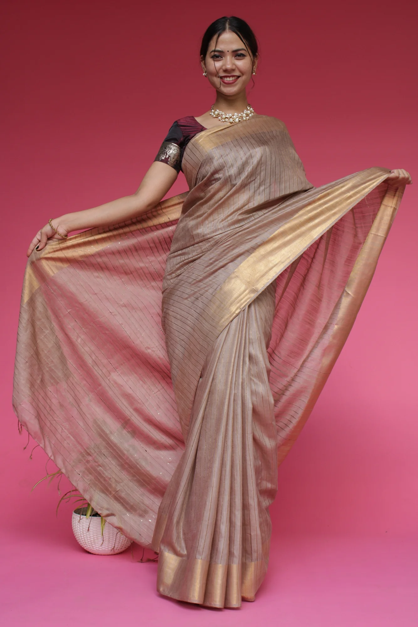 Beige Bhagalpuri Silk Resham Weaving with Sequin woven pallu Wrap in 1 minute saree - Image 3