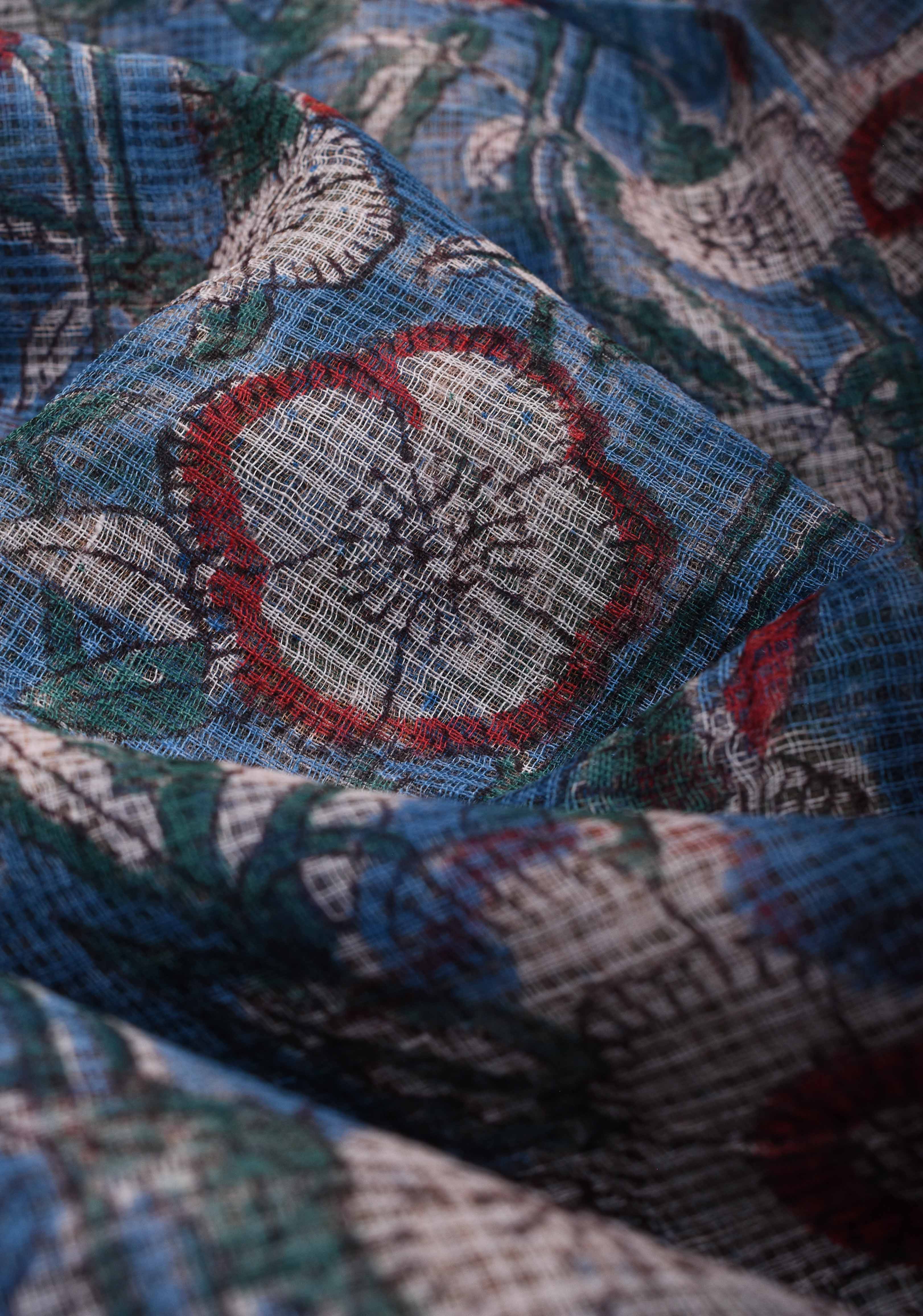 Bluebell Blue Kota Doria Cotton Saree with Sanganeri Hand Block Print and minimal Zari border | Shobitam - Image 3