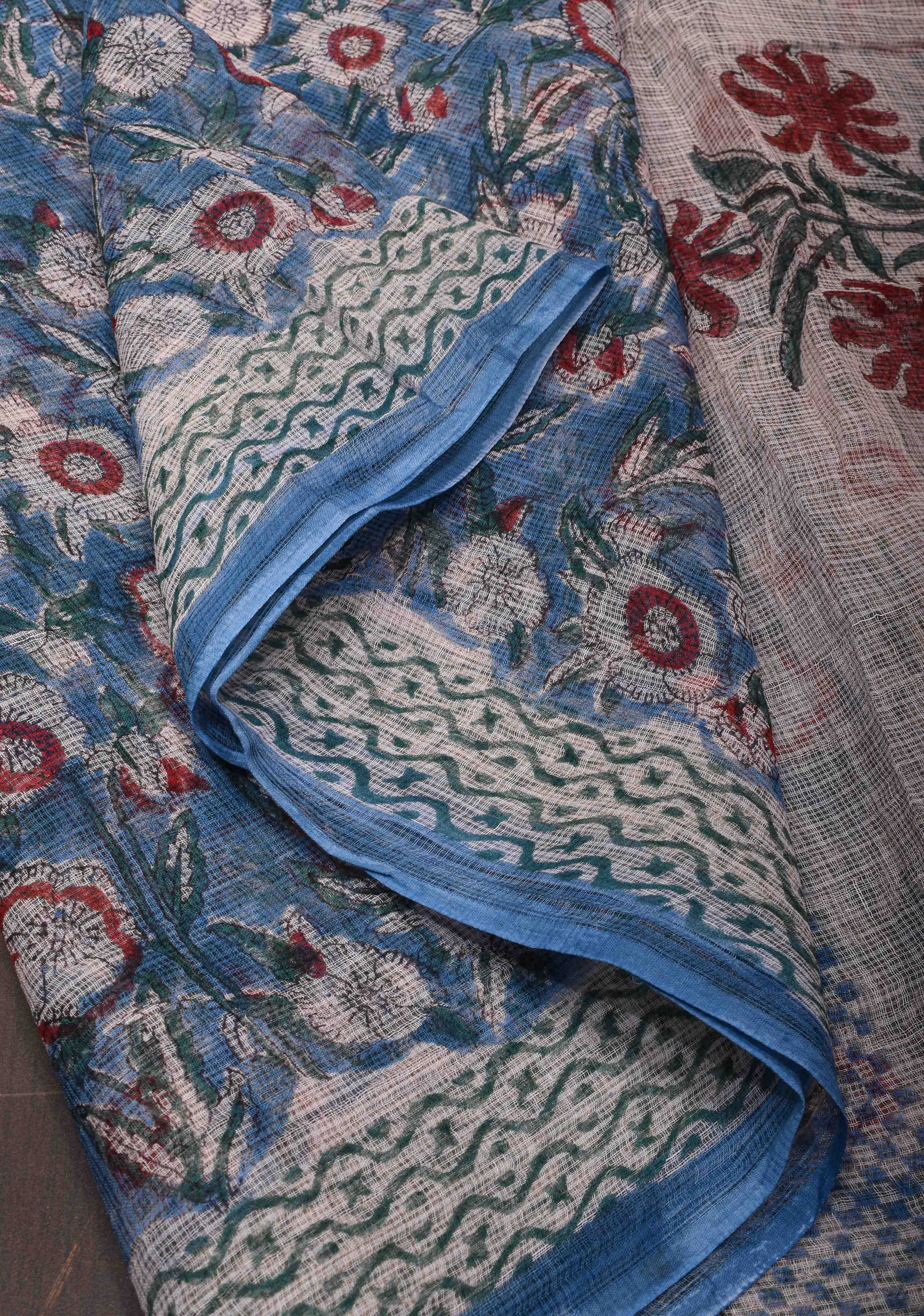 Bluebell Blue Kota Doria Cotton Saree with Sanganeri Hand Block Print and minimal Zari border | Shobitam - Image 6