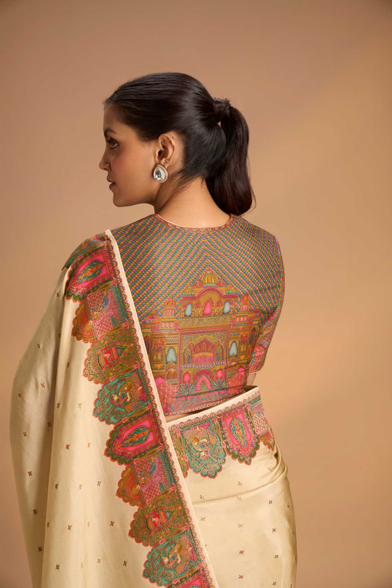 Beige Vegan Viscose Shimmer Tissue ready to wear Saree with Intricately Embroidery Border Ready to Wear Saree - Image 2
