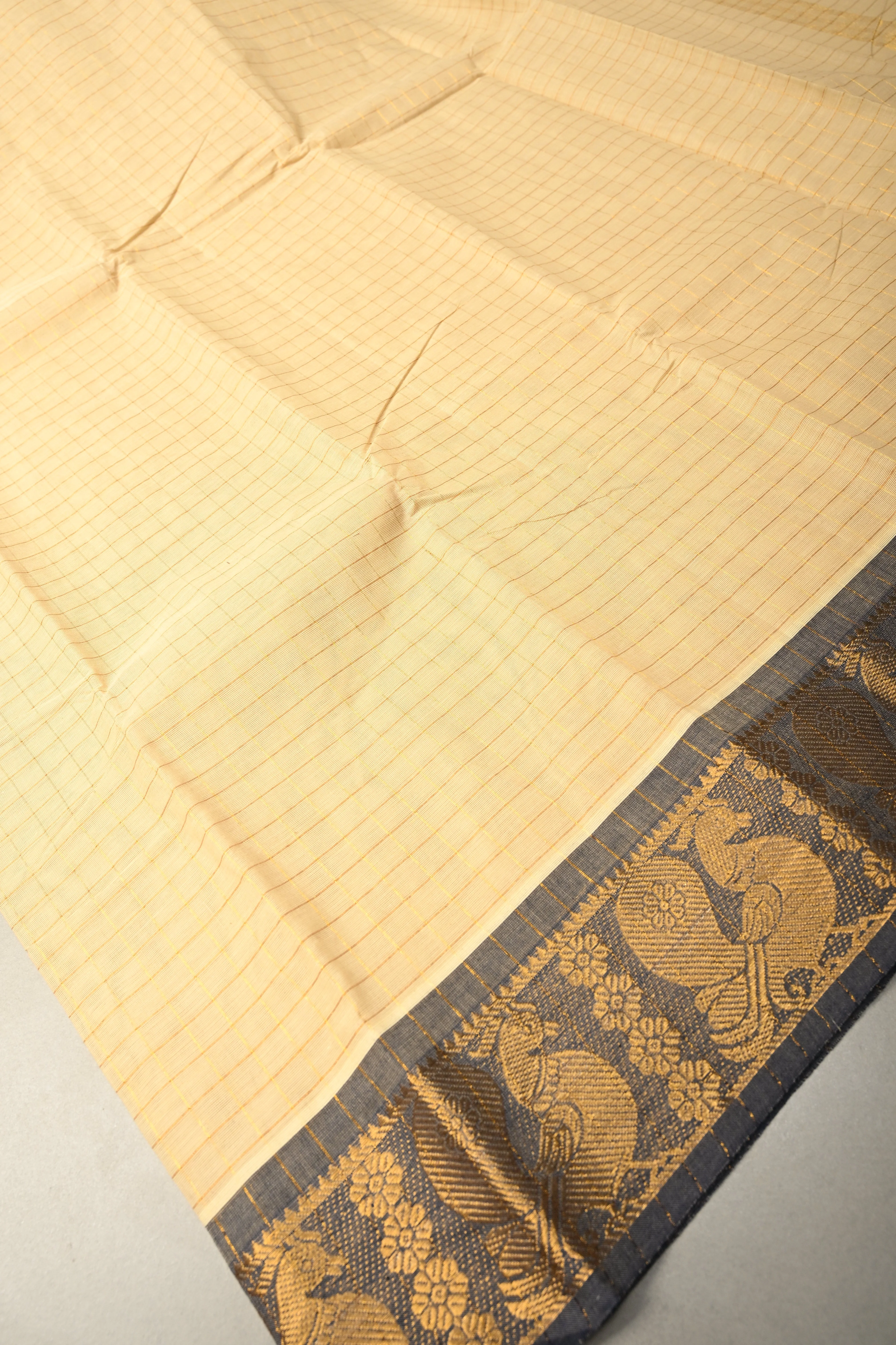 Beige Zari Checks on Chettinad Cotton Saree with Contrast Zari Border, No Blouse Piece | Shobitam - Image 6