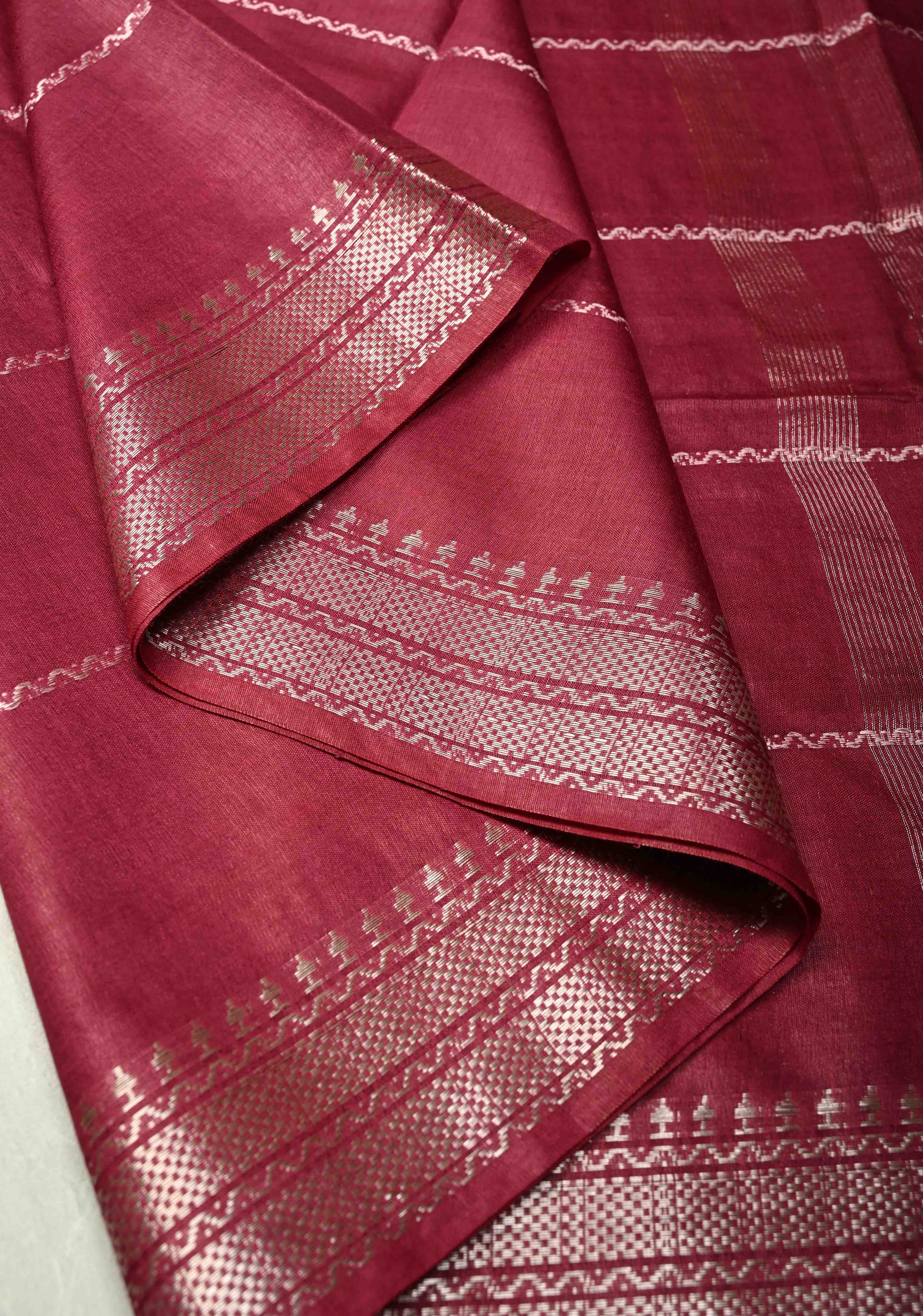 Berry Semi Tussar Saree with Veldhari Stripes and Zari Border | Shobitam - Image 6