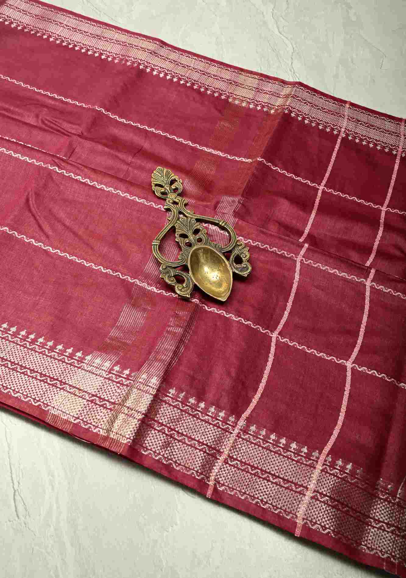 Berry Semi Tussar Saree with Veldhari Stripes and Zari Border Ready To Wear Saree - Image 2