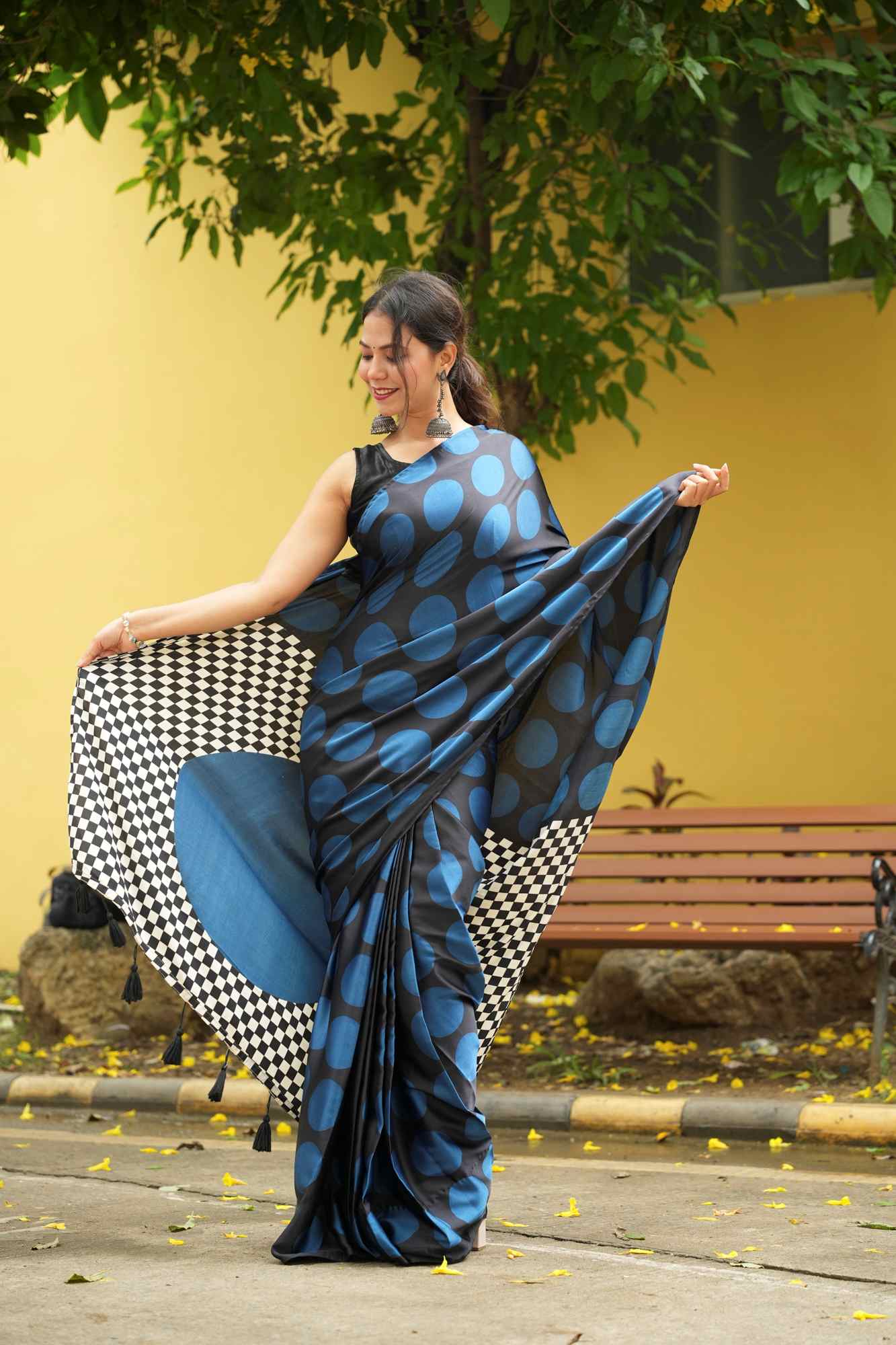 Black and Teal Crepe Silk with Polka and Geometric Pallu Ready To Wear Saree - Image 3