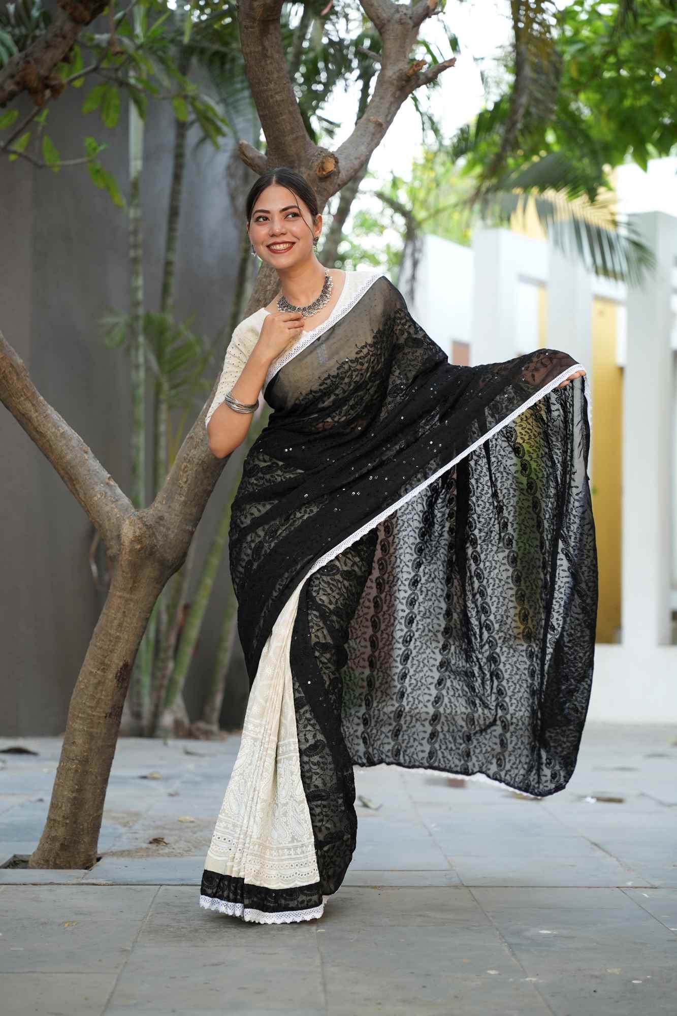 Black and white Cotton Hakoba Chikankari Work with Sequence Embroidered Pallu ready to wear saree - Image 3