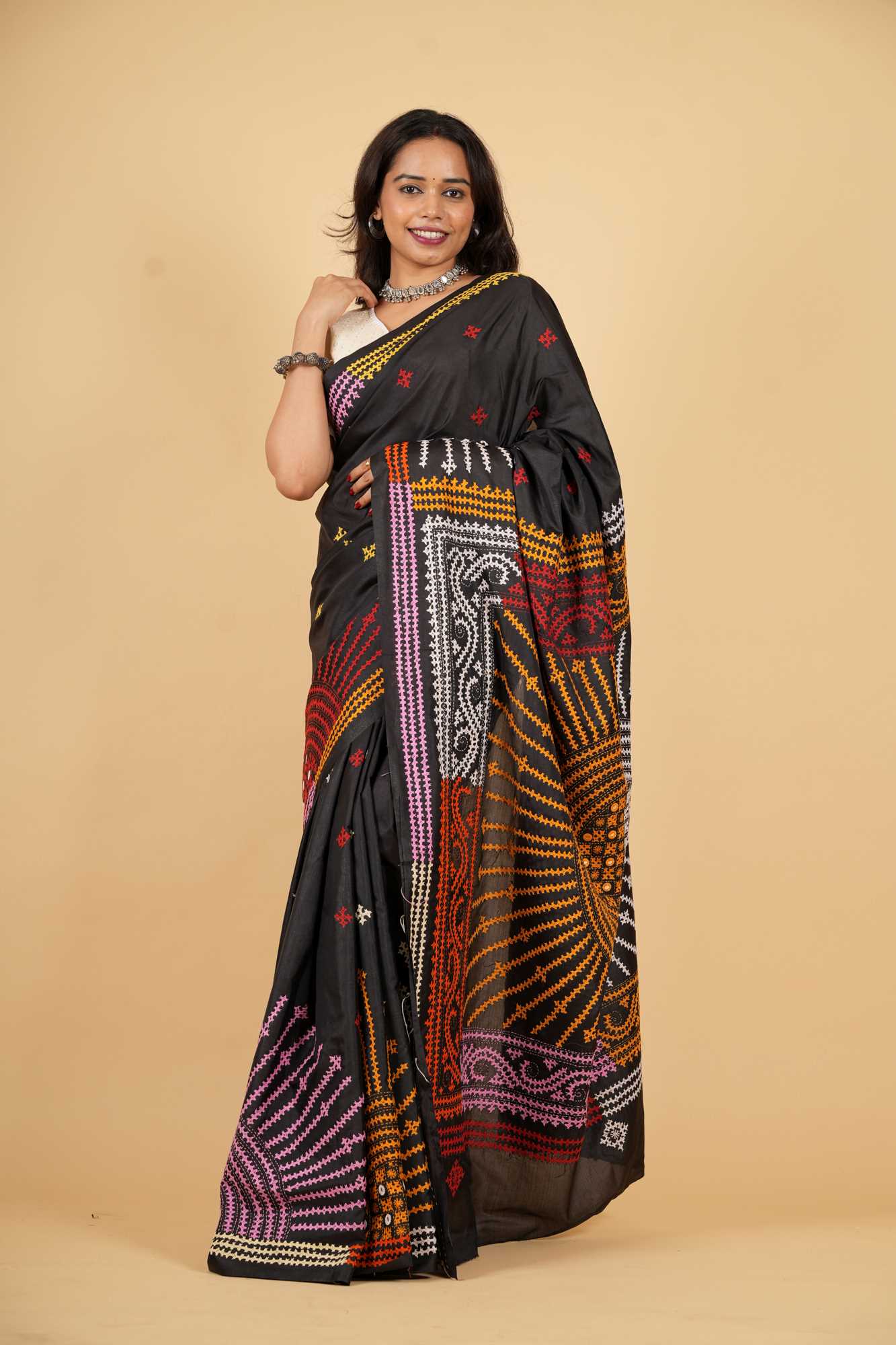 Black Bandhani-Inspired Heavy Resham Weave on Bangalore Silk Ready To wear Saree - Image 4