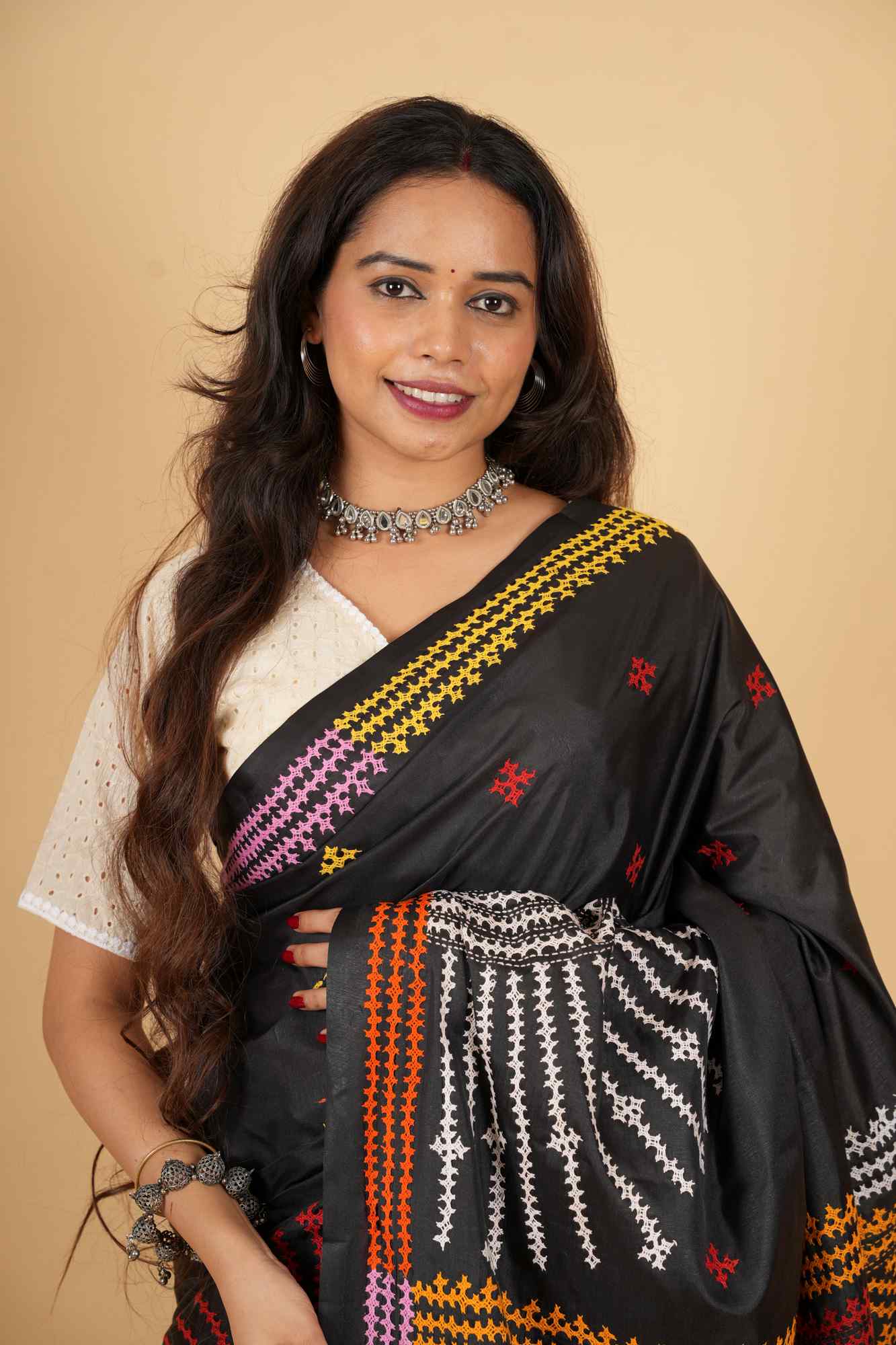 Black Bandhani-Inspired Heavy Resham Weave on Bangalore Silk Ready To wear Saree - Image 9