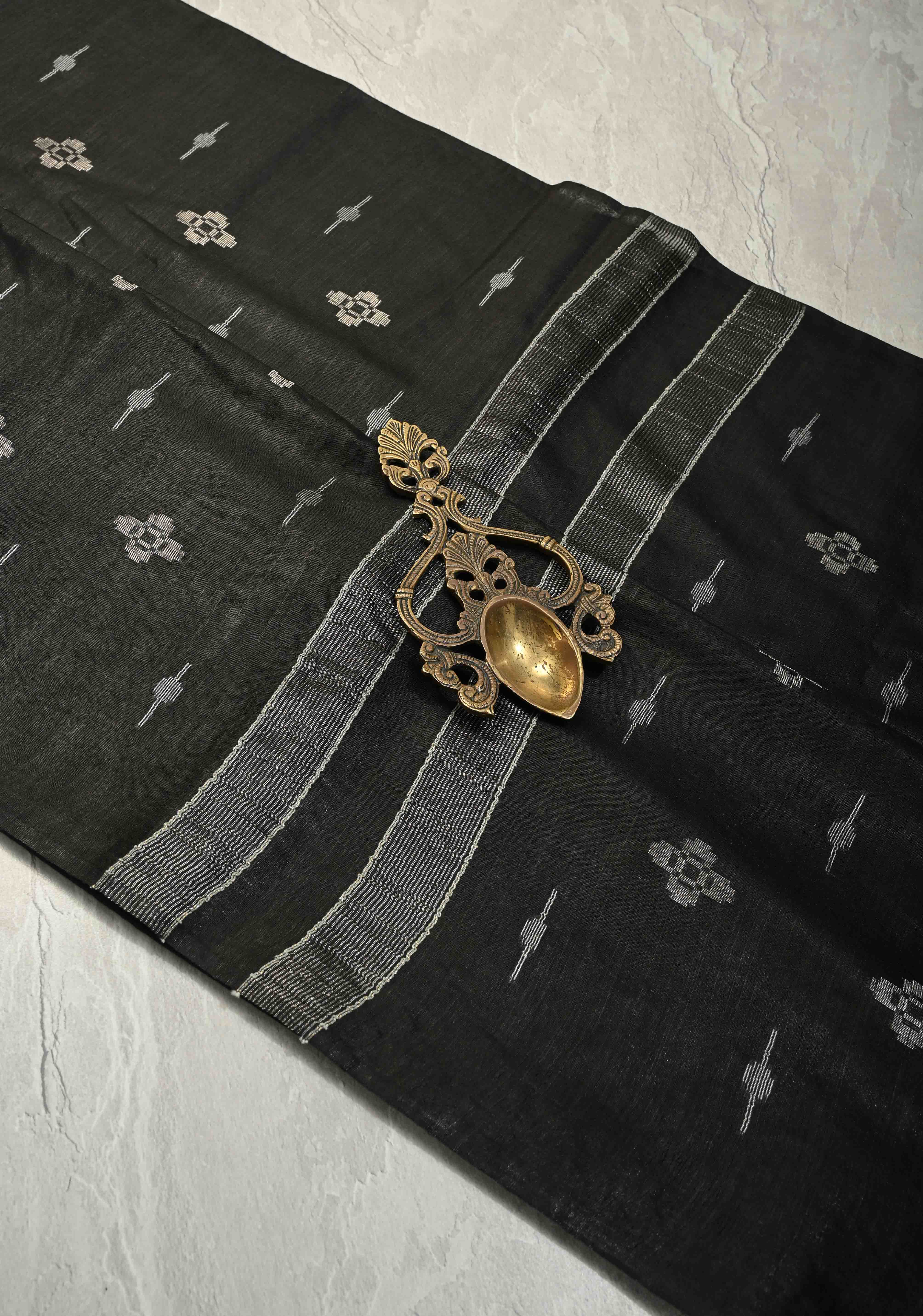 Black Borderless Semi Tussar Tissue Saree with Thread and Zari Buttas | Shobitam - Image 2