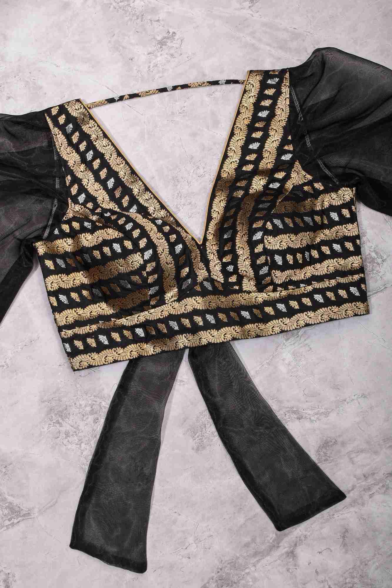 Black Brocade Blouse with Organza Puff Sleeves  Mix and Match Blouse for saree, Made to Order - Image 12