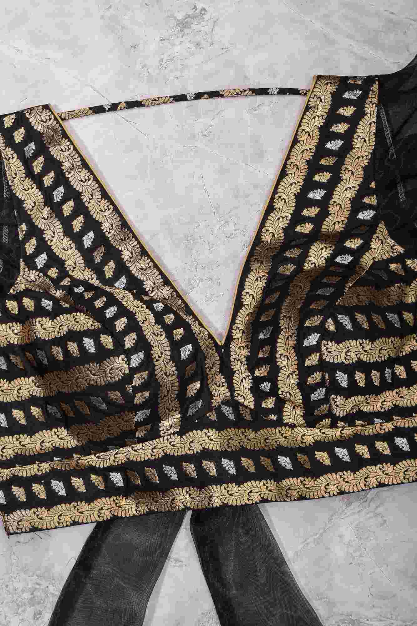 Black Brocade Blouse with Organza Puff Sleeves  Mix and Match Blouse for saree, Made to Order - Image 14