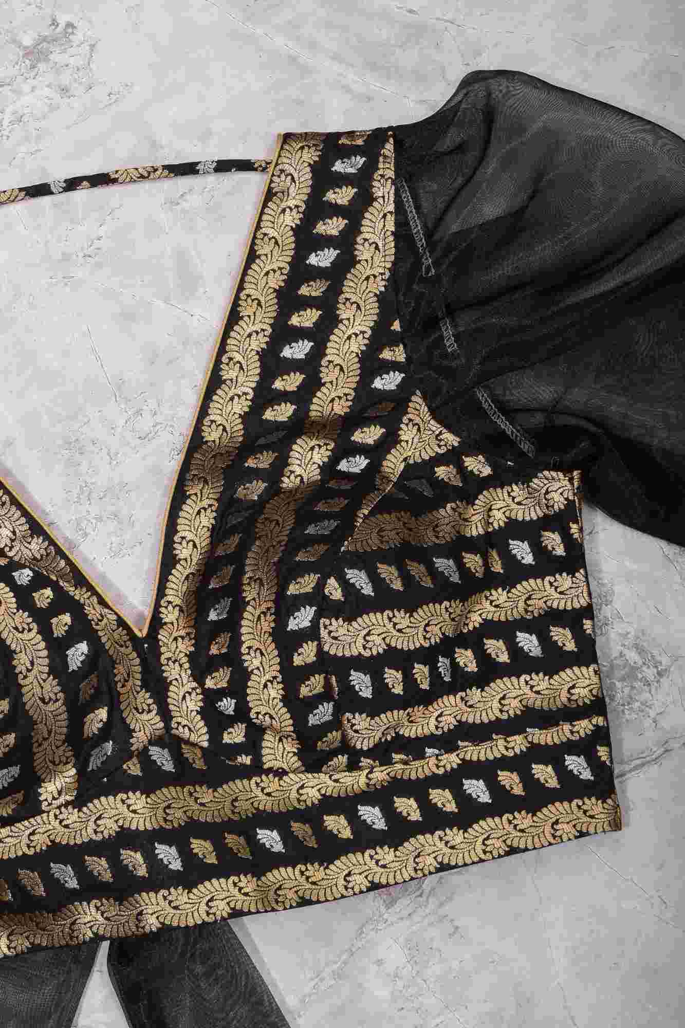 Black Brocade Blouse with Organza Puff Sleeves  Mix and Match Blouse for saree, Made to Order - Image 15