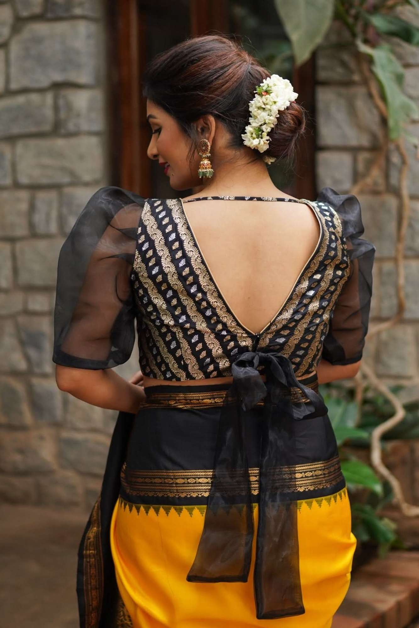 Black Brocade Blouse with Organza Puff Sleeves  Mix and Match Blouse for saree, Made to Order - Image 2