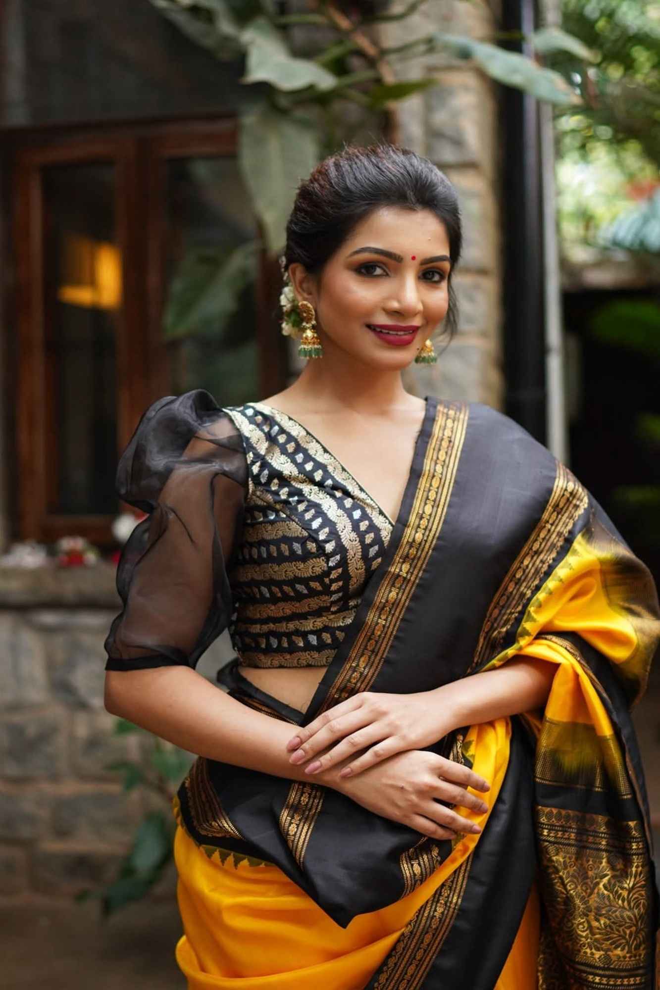 Black Brocade Blouse with Organza Puff Sleeves  Mix and Match Blouse for saree, Made to Order - Image 4