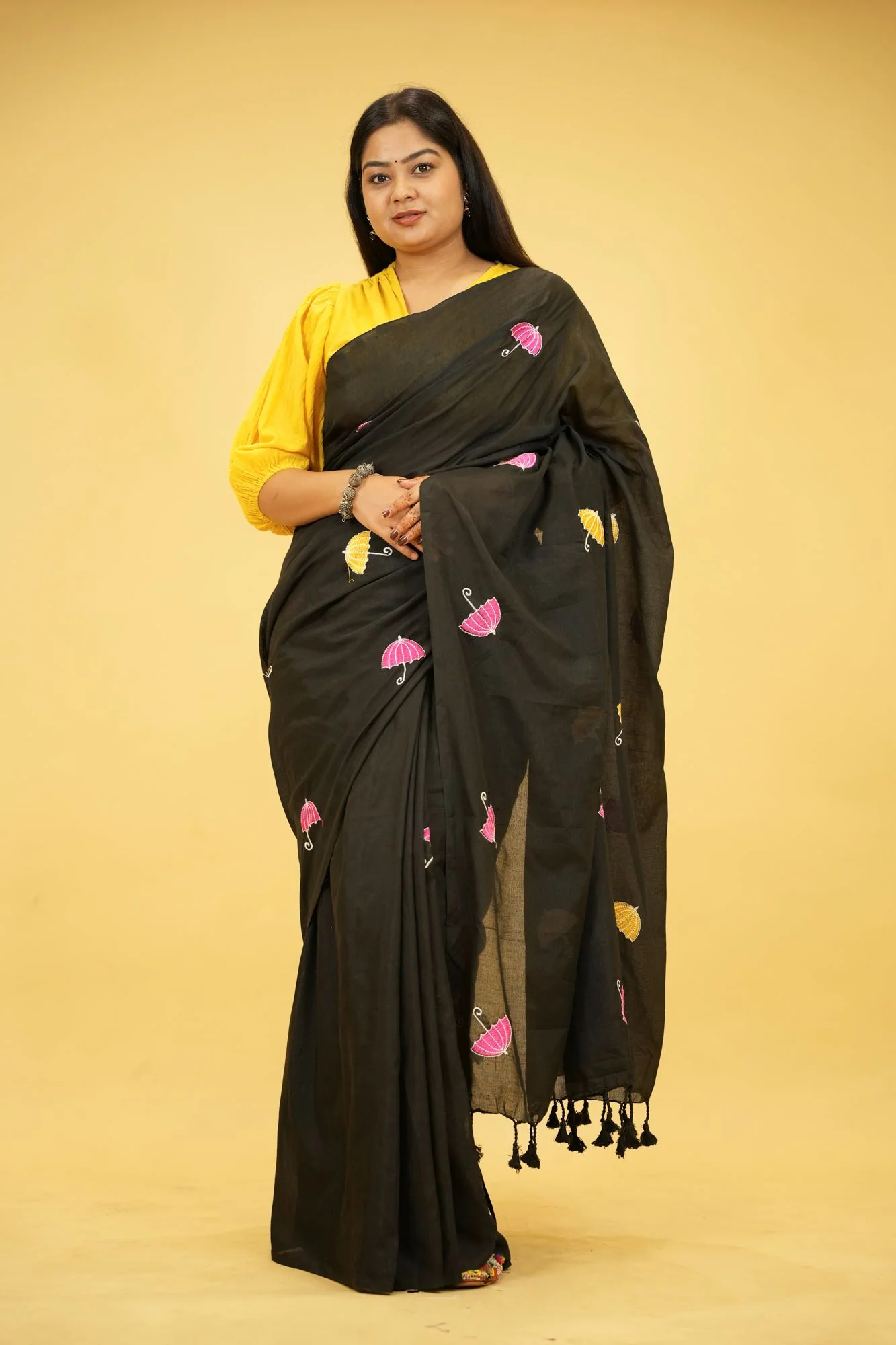 Black Cotton with Colorful Umbrella Embroidery and Tassel Ready To Wear Saree - Image 3