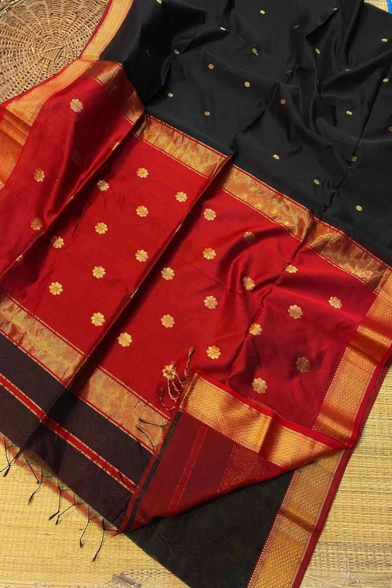 Black Cotton Silk Maheshwari with Zari Buta & Contrast Red Pallu Ready To Wear Saree - Image 8