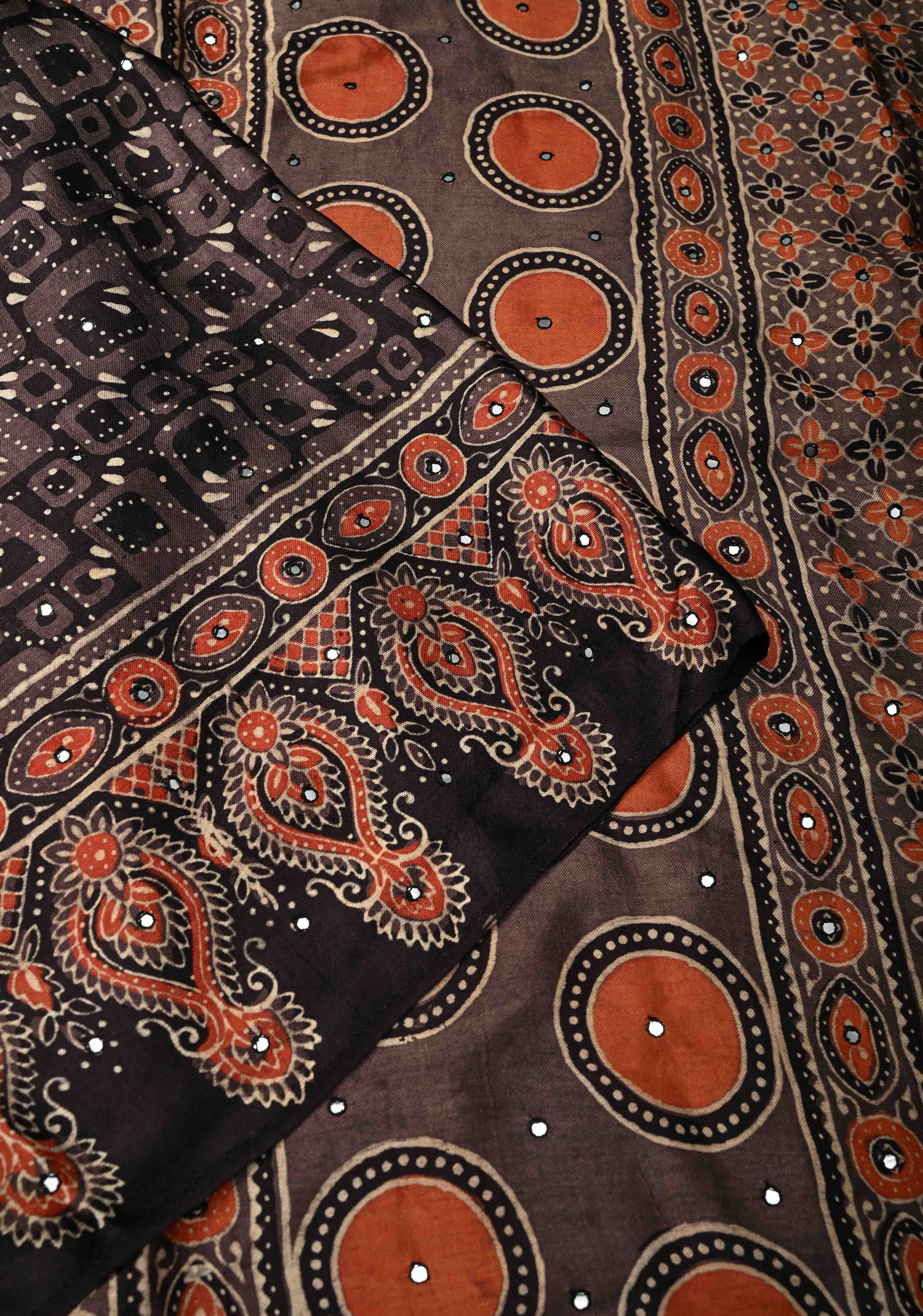 Black Floral Hand Block Print on Modal Silk Saree with Mirror Work | Shobitam - Image 5