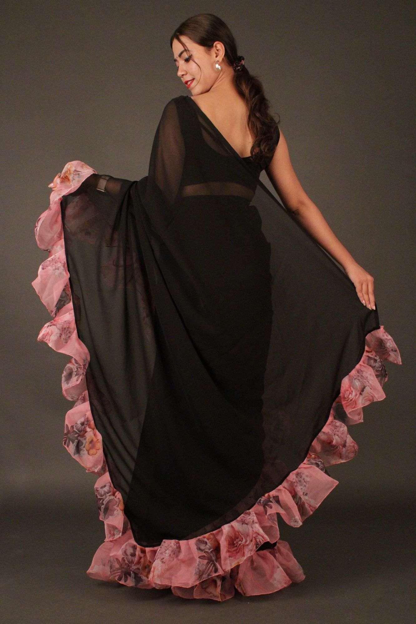 Black Georgette with Rosy Pink Ruffled Border Wrap in 1 minute saree - Image 3