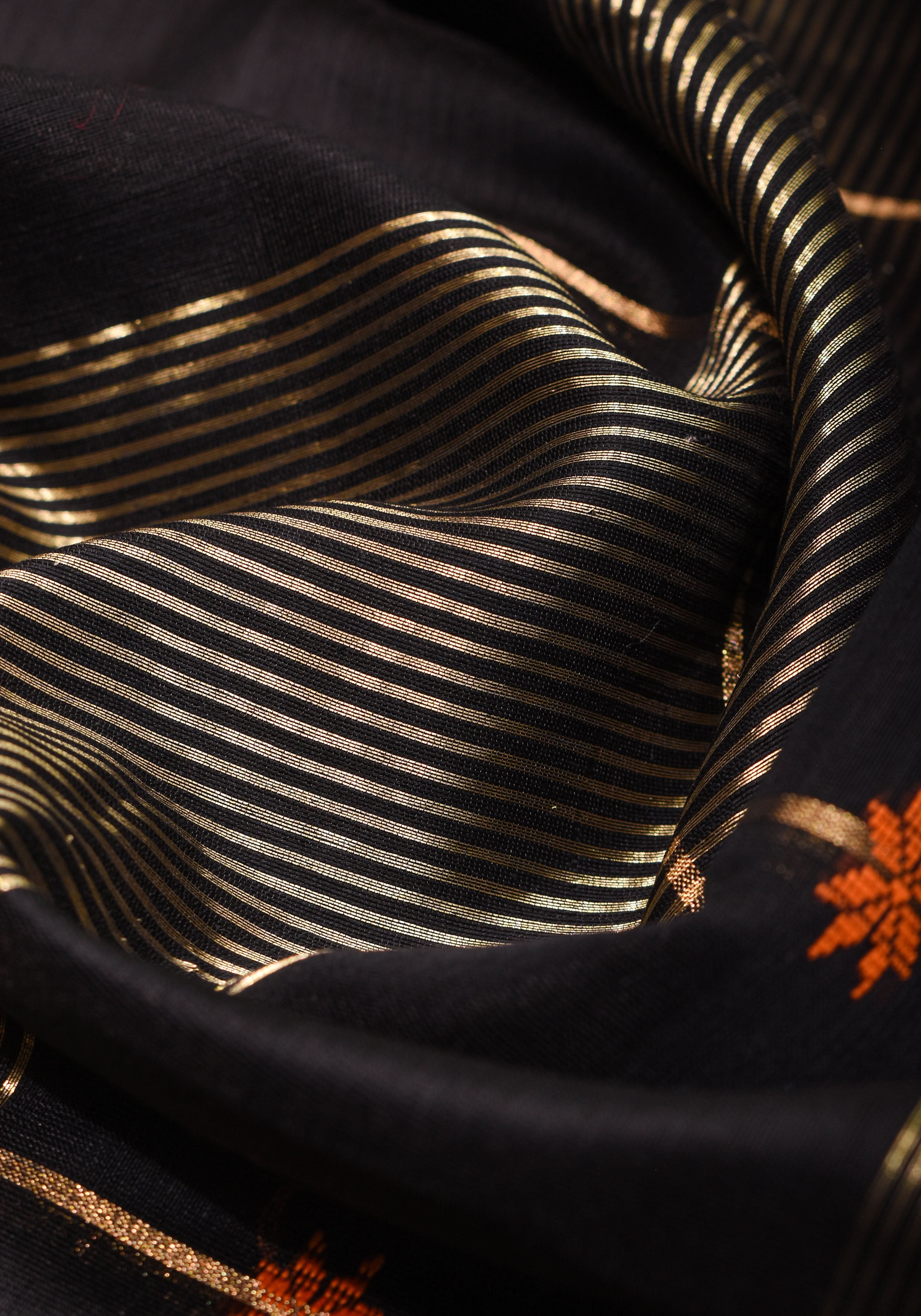 Black Handwoven Zari Stripes Maheshwari Silk Cotton Saree | Shobitam - Image 14
