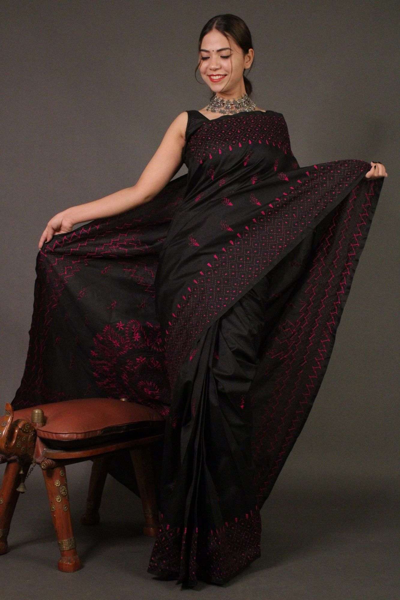 Black Kantha Stitched Embroidered all over Wrap in 1 minute saree - Image 4