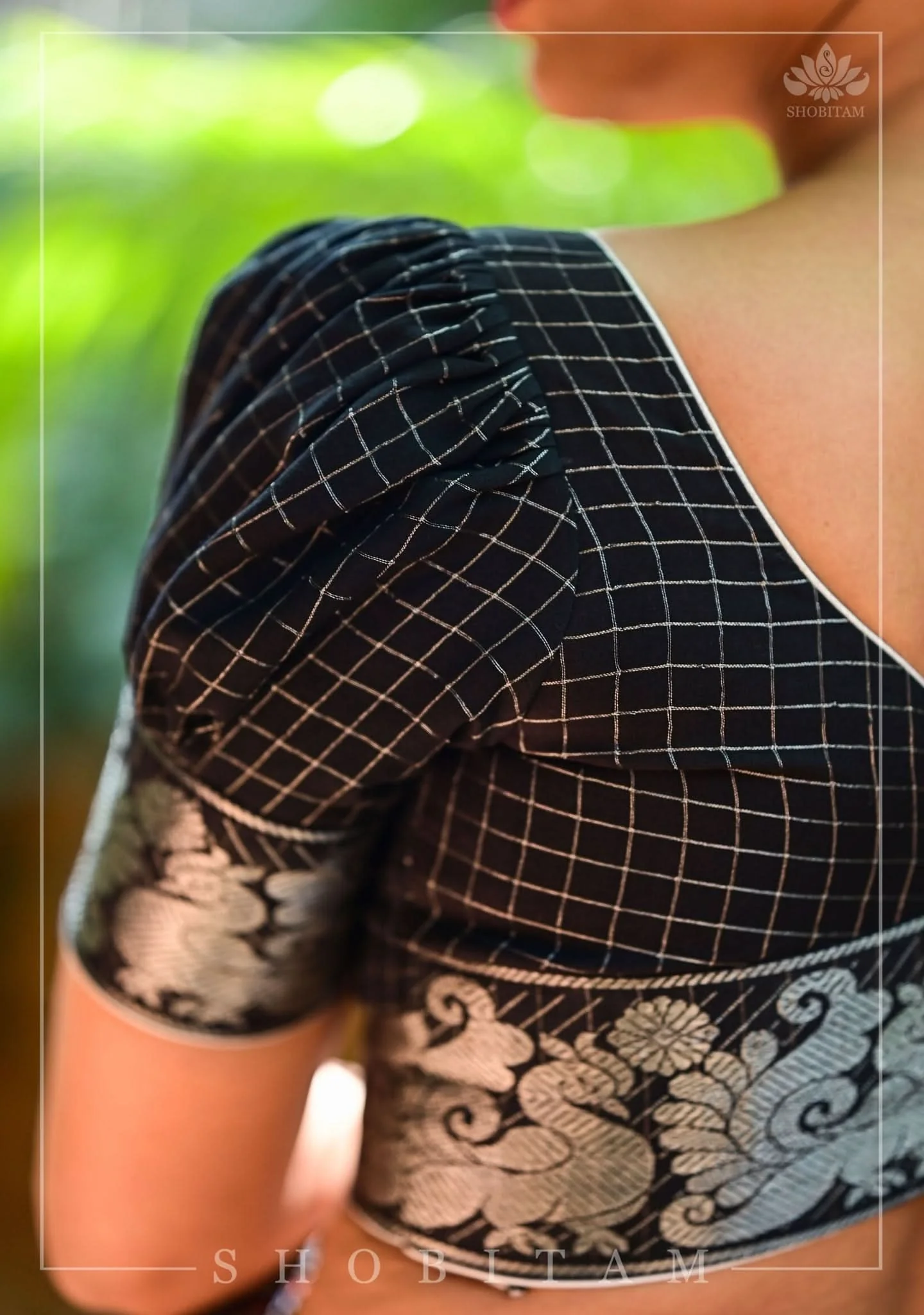 Black Madurai Cotton with SIlver Zari Checks Blouse featuring sweetheart neck and puff sleeves | Shobitam - Image 5
