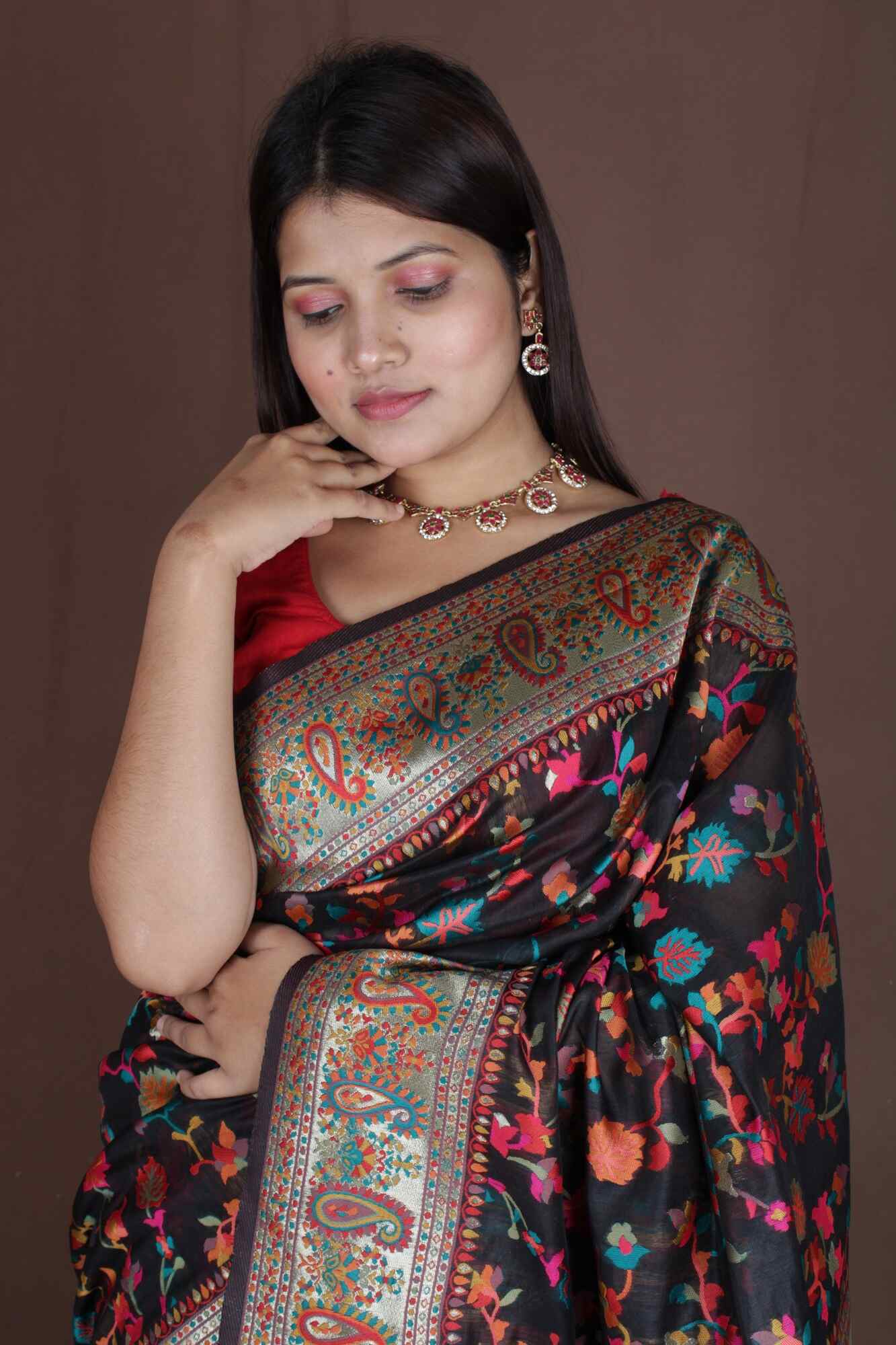 Black Modal Woven pashmina with woven ornate pallu prestitched Wrap in 1 minute saree - Image 2