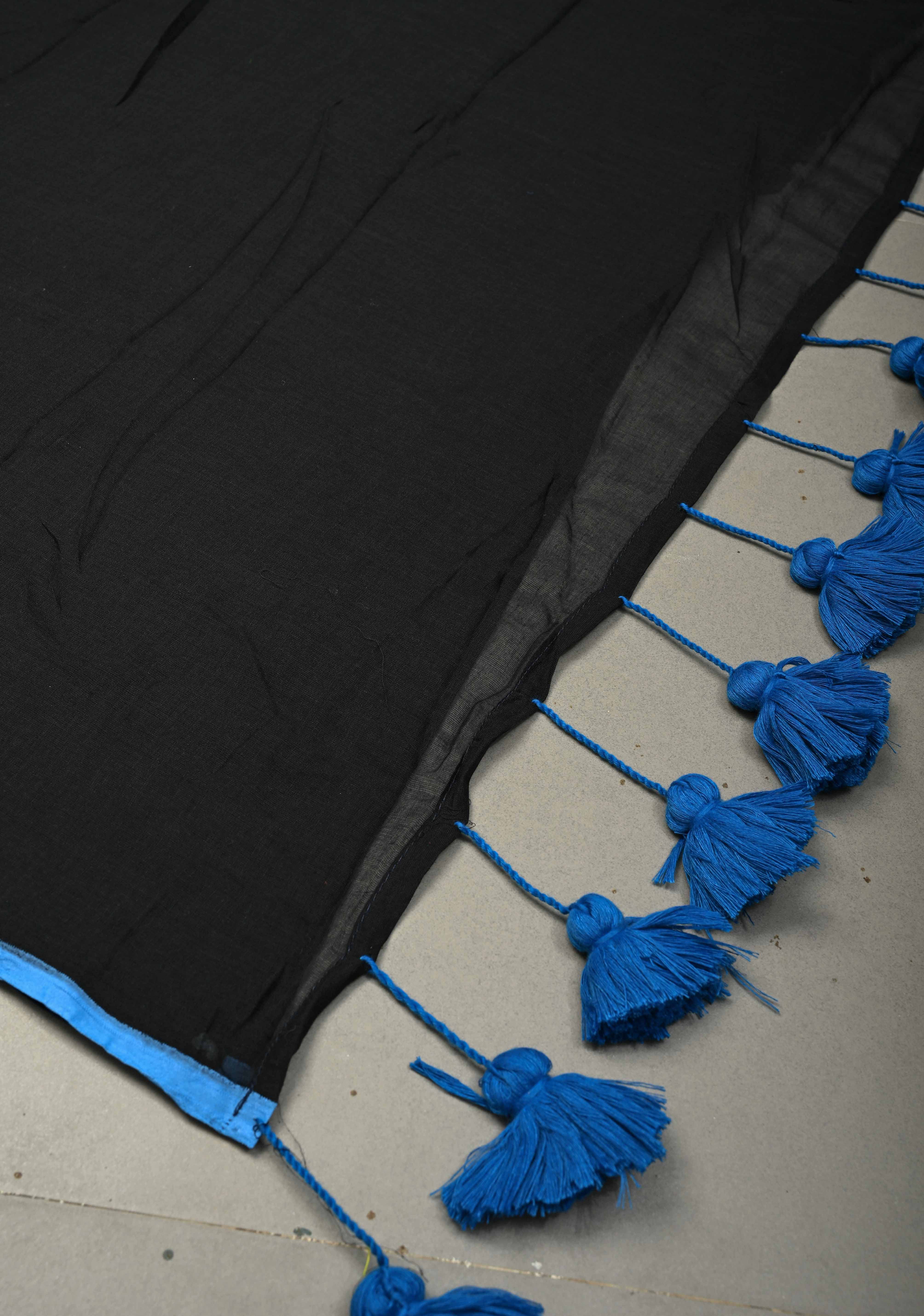 Black Mulmul Cotton Saree with Blue Long Tassels, No Blouse Piece | Shobitam - Image 2