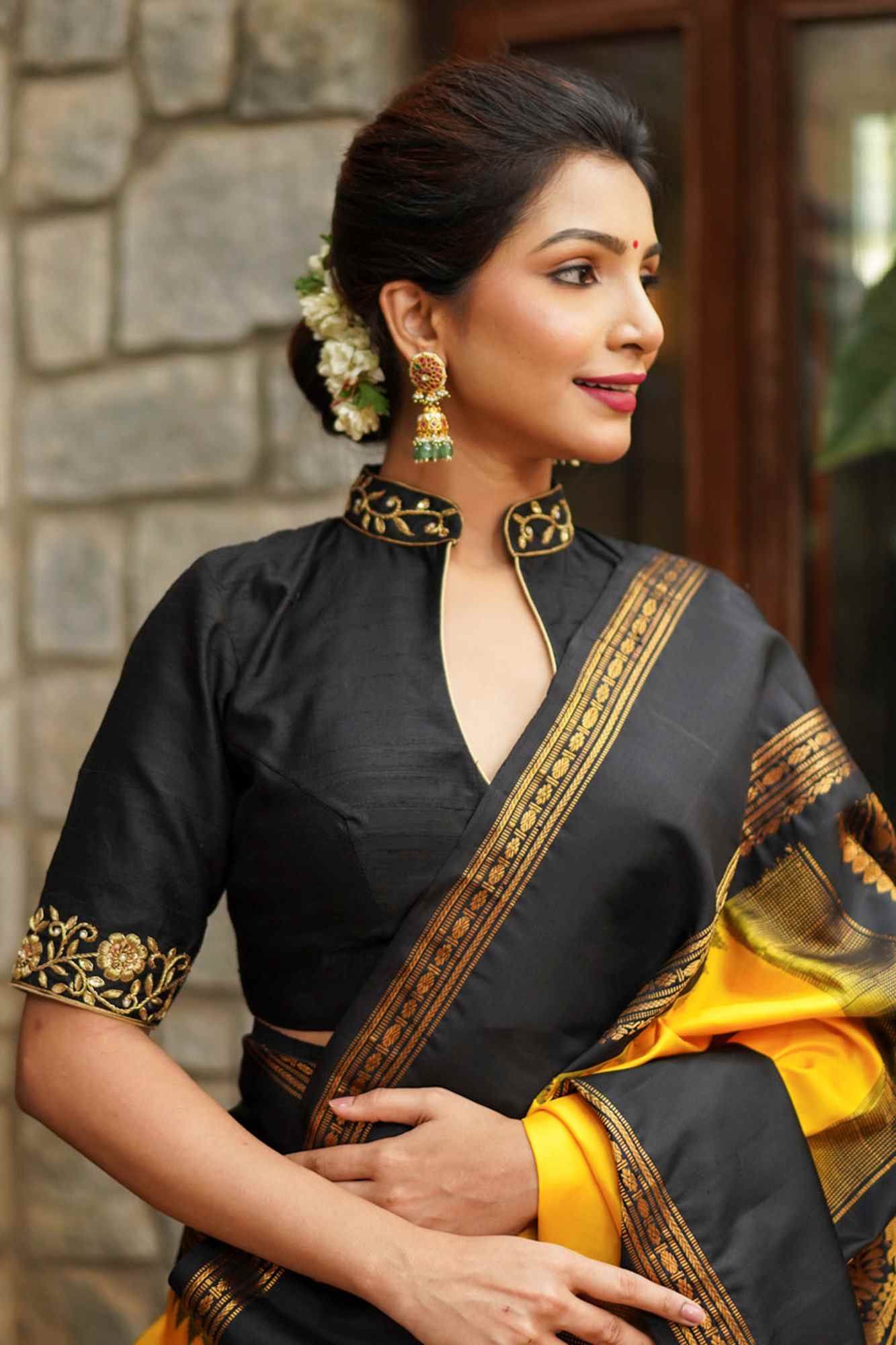 Black raw silk chinese collar blouse with zardosi Work - Image 3