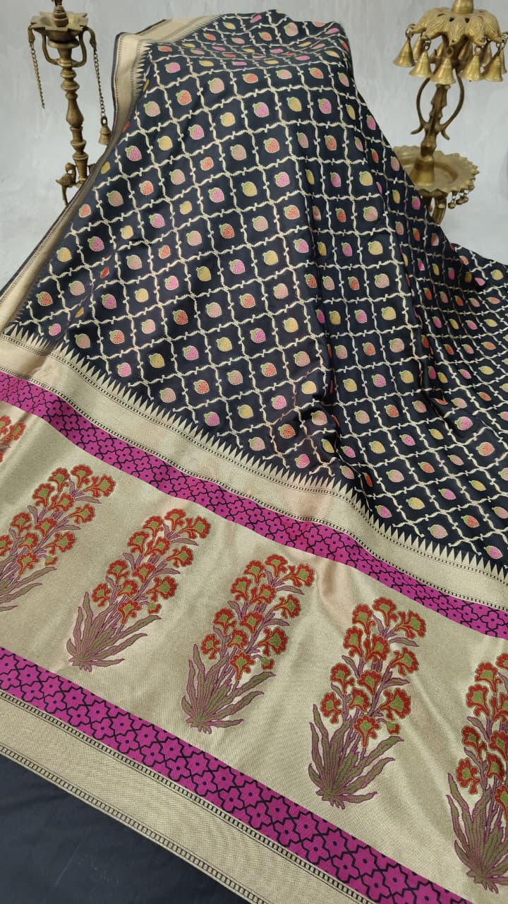 Black Semi Silk Saree with Meenakari Buttas Trellis Jaal and Zari Border | Shobitam - Image 4