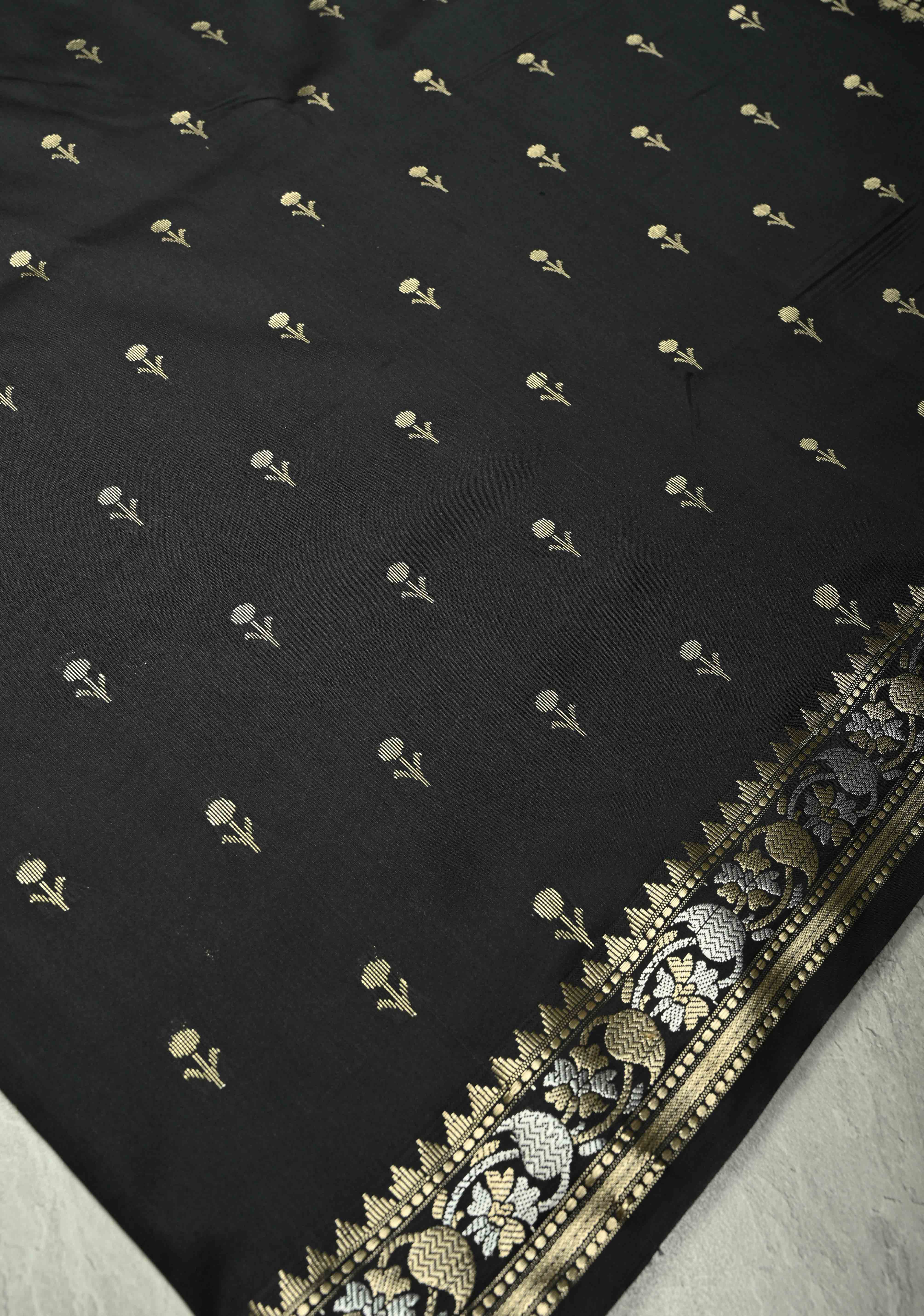 Black Semi Silk Saree with Floral Buttis and Alfi Zari Border | Shobitam - Image 4