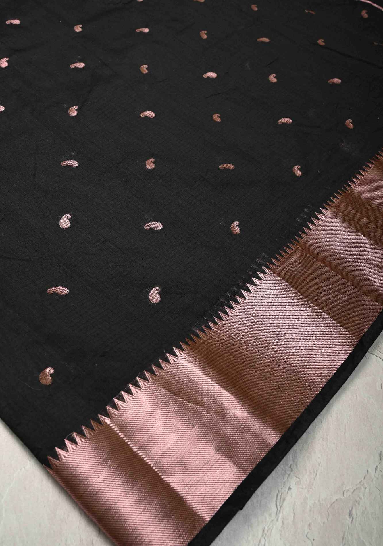 Black Semi Silk saree with Zari Paisley Buttis and Zari Border Ready To Wear Saree - Image 6