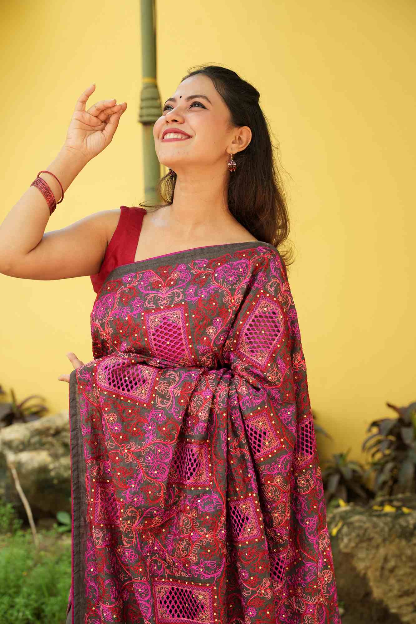 Chikankari Cutwork with Heavy Embroidered Pallu Ready To Wear Saree - Image 6