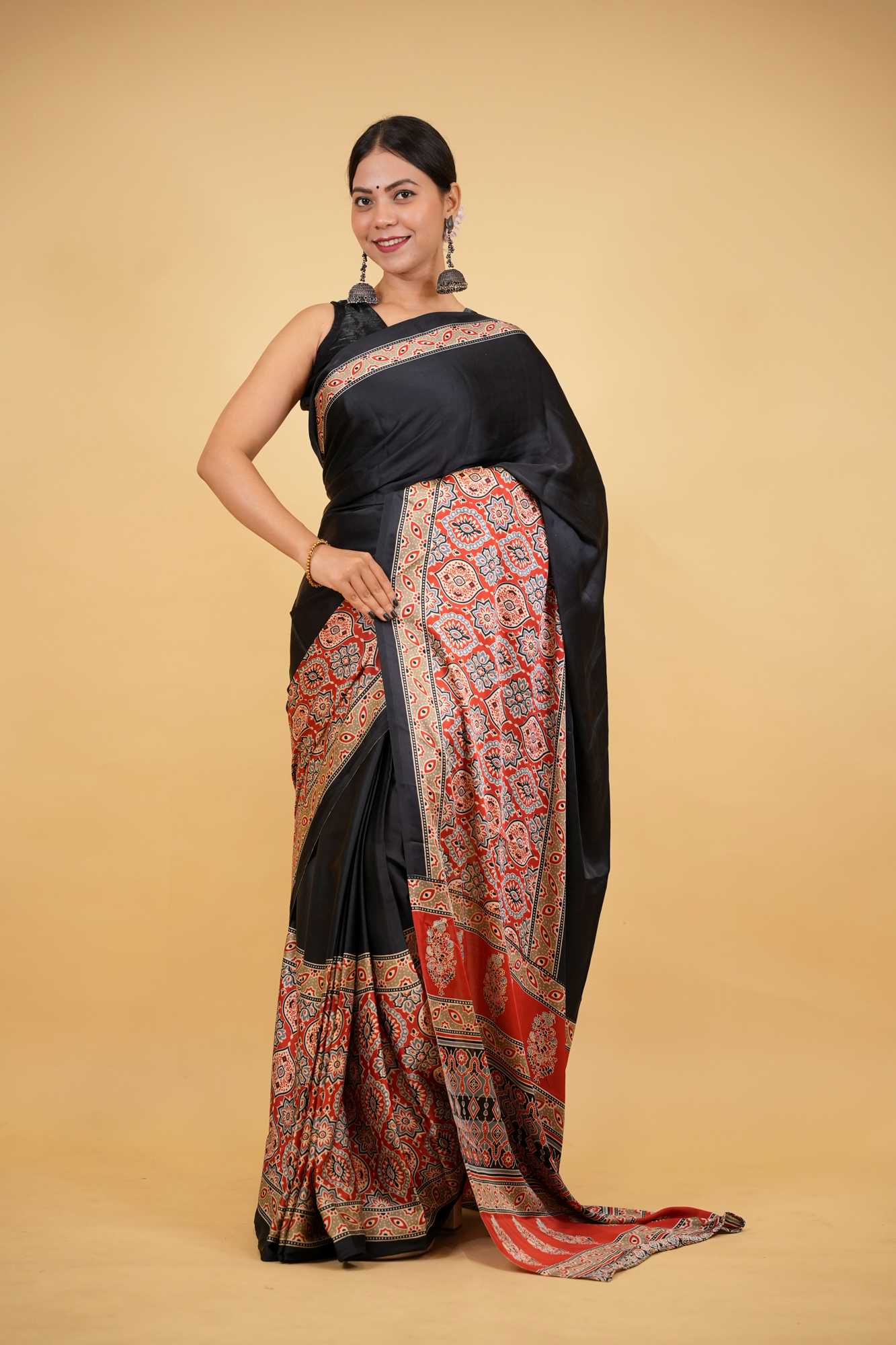 Black Soft Silk Ajrakh with Red Contrast Pallu Ready To Wear Saree - Image 2