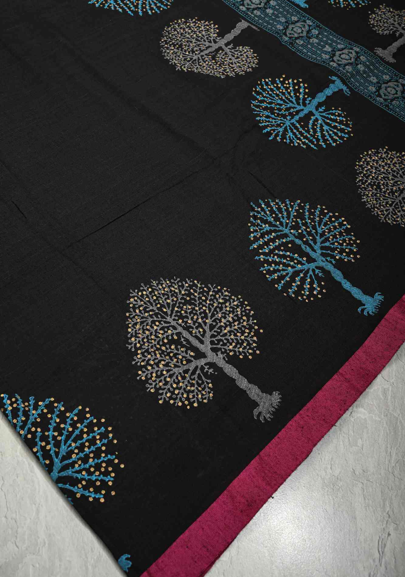 Black Uppada Handloom Cotton Saree with Tree of life Buttas on Minimal Border-Pallu and Long Tassels Ready To Wear Saree - Image 7