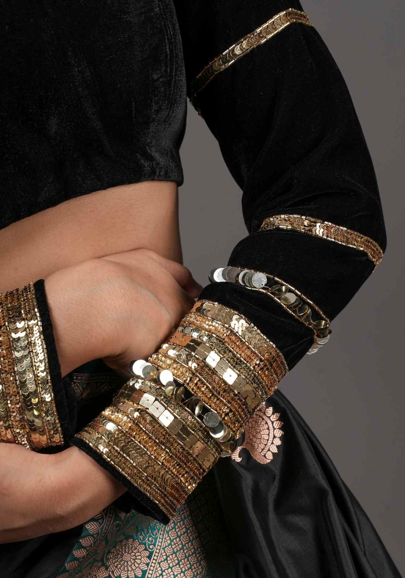 Black velvet with sequin handwork cuff Blouse, rounded V neckline, Made to Order - Image 4